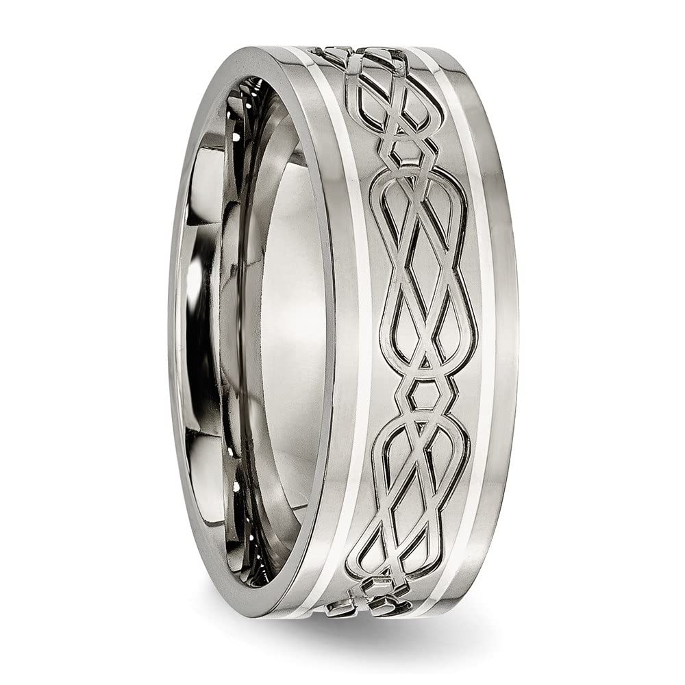 Diamond2Deal Titanium & Silver 8mm Inlay Celtic Knot Flat Polished Wedding Band Ring for Men - Durable Comfort Fit Jewelry for Weddings, Anniversaries & Special Occasions