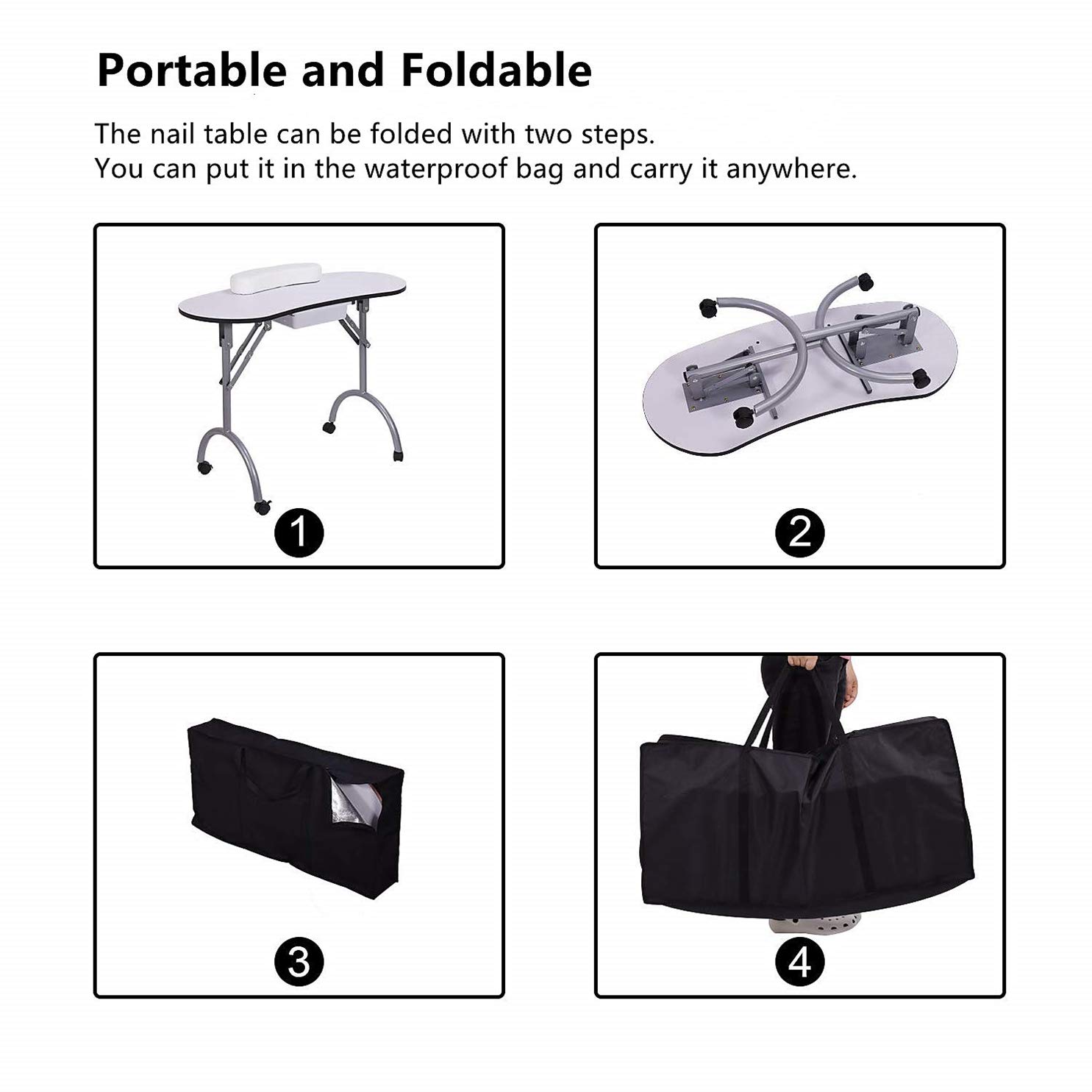 Portable Folding Nail Manicure Table with Wheels, Sponge Wrist Cushion & Large Storage Drawer - Perfect for Home Salon, Nail Techs & Mobile Beauty Services