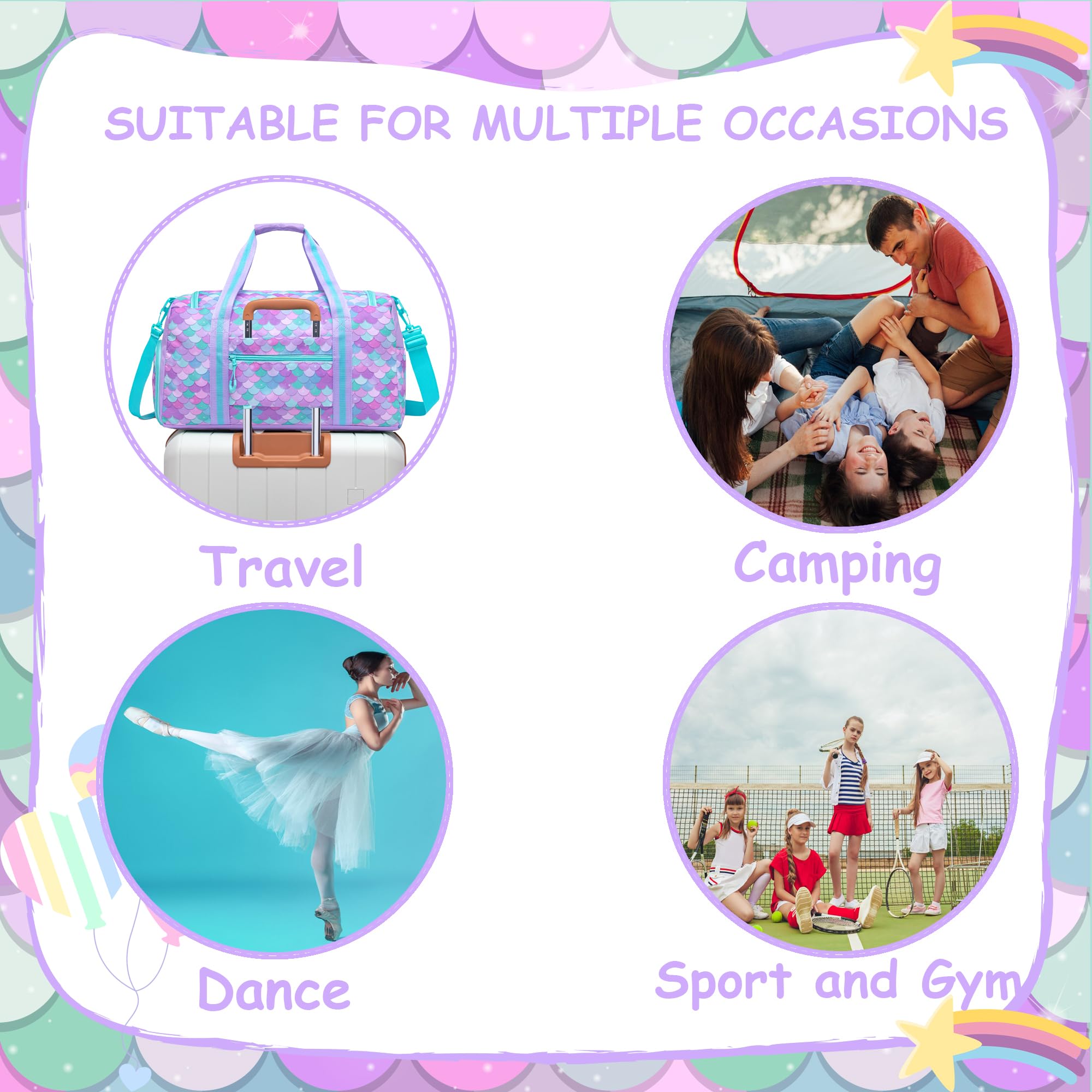 **Mermaid Kids Duffle Bag - Girls Gym Bag, Travel Bag, Dance Bag, Overnight & Weekender Bag with Shoe Compartment - Perfect for School, Sports, Sleepovers & Travel**