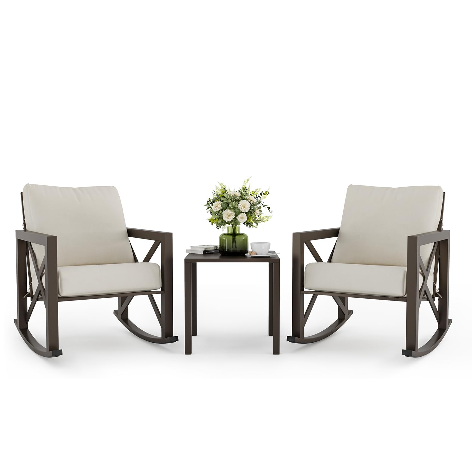 3-Piece Outdoor Rocking Bistro Set with 2 Rocking Chairs & Metal Coffee Table - Rattan Patio Furniture with Thick Cushions for Backyard, Porch, Poolside (Beige) | Perfect for Relaxing, Entertaining & Outdoor Dining