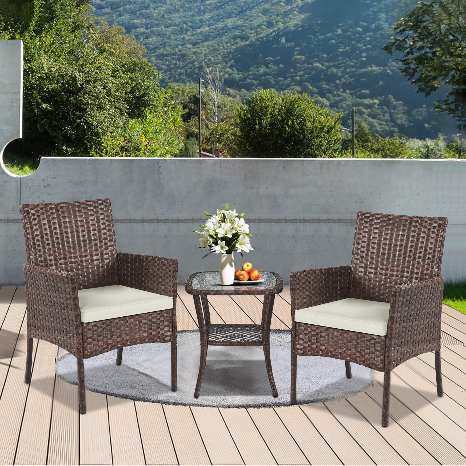 YIYAN 3-Piece Outdoor Patio Furniture Set - Rattan Wicker Chairs with Washable Cushions for Garden, Balcony, Backyard (White) | Perfect for Relaxing, Entertaining & Outdoor Dining