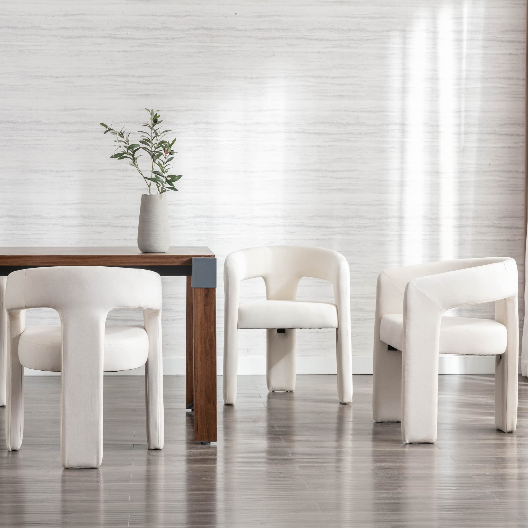 Modern Dining Chair Set of 2 - Linen Upholstered Barrel Kitchen Chairs with Wooden Legs, Round Accent Armchairs for Dining Room, Living Room, Bedroom or Side Table | Ivory | Perfect for Small Spaces, Breakfast Nooks & Cozy Home Decor