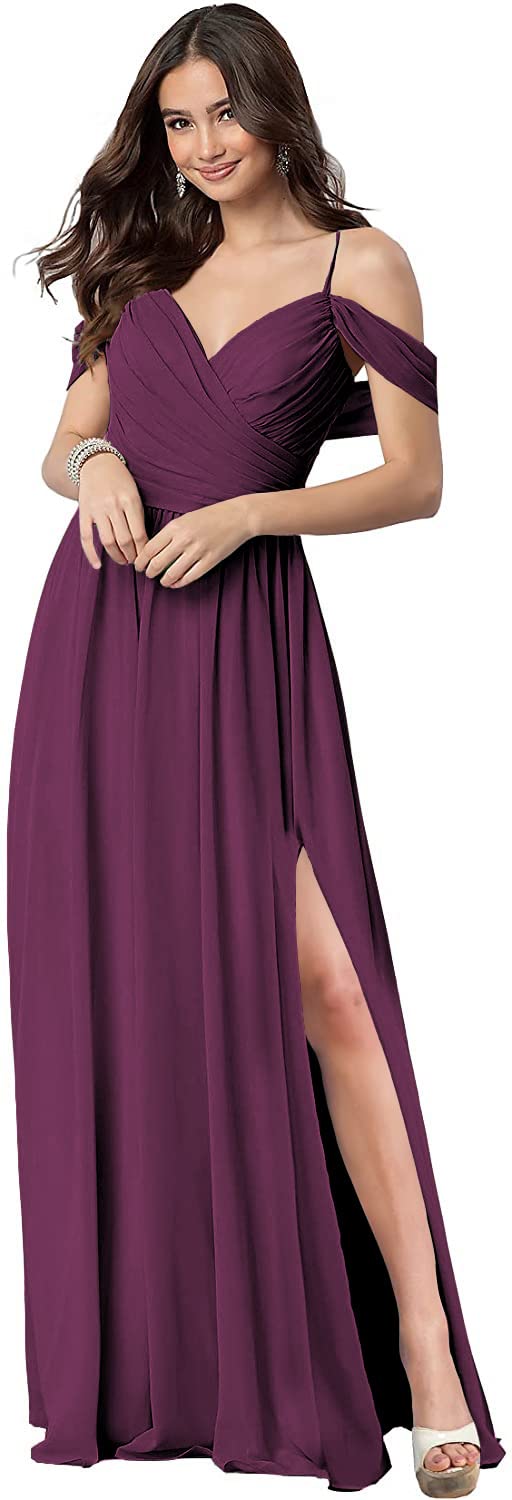 Elegant Off-The-Shoulder Long Bridesmaid Dress with High Slit & Pockets - A-Line Formal Evening Gown for Women | Perfect for Weddings, Proms & Special Occasions