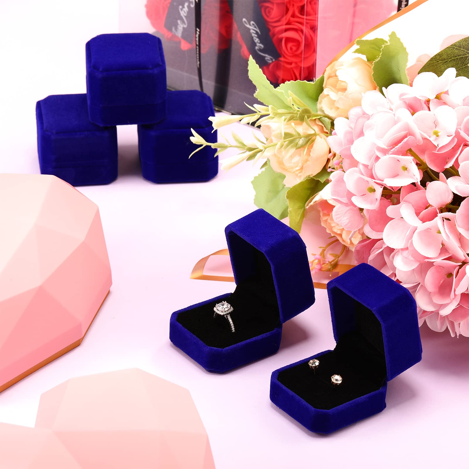 Junkin 24-Piece Velvet Ring Box & Earring Jewelry Display Case - Wedding, Engagement, Birthday, Proposal, Anniversary Gift Box (Blue) - Perfect for Jewelry Storage, Bridal Showers, and Gift Presentation