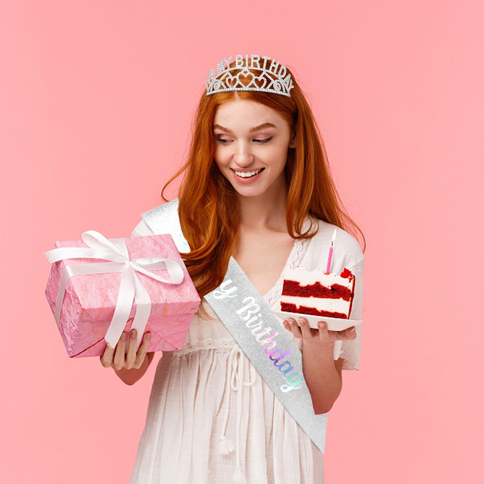 Birthday Sash & Rhinestone Tiara Set for Women - Silver Glam Birthday Crown & Decorations - Perfect for Birthday Parties, Bachelorette, and Special Celebrations