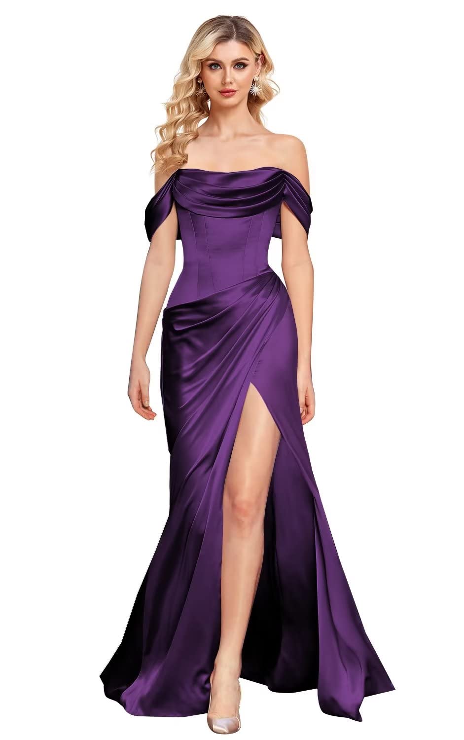 Elegant Off-the-Shoulder Mermaid Prom Dress for Women - Satin Silk Ruched Wrap Formal Evening Gown with High Slit | Perfect for Homecoming, Prom Night, Wedding Guest & Black Tie Events