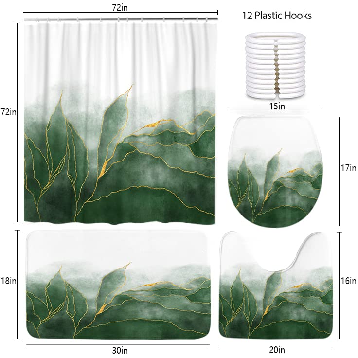 LOKMU 4-Piece Waterproof Shower Curtain Set with Non-Slip Bath Mat, Toilet Lid Cover & 12 Hooks - Green Paint & Gold Veins Design, 72x72 Inches - Perfect for Bathroom Decor & Spa-Like Shower Experience