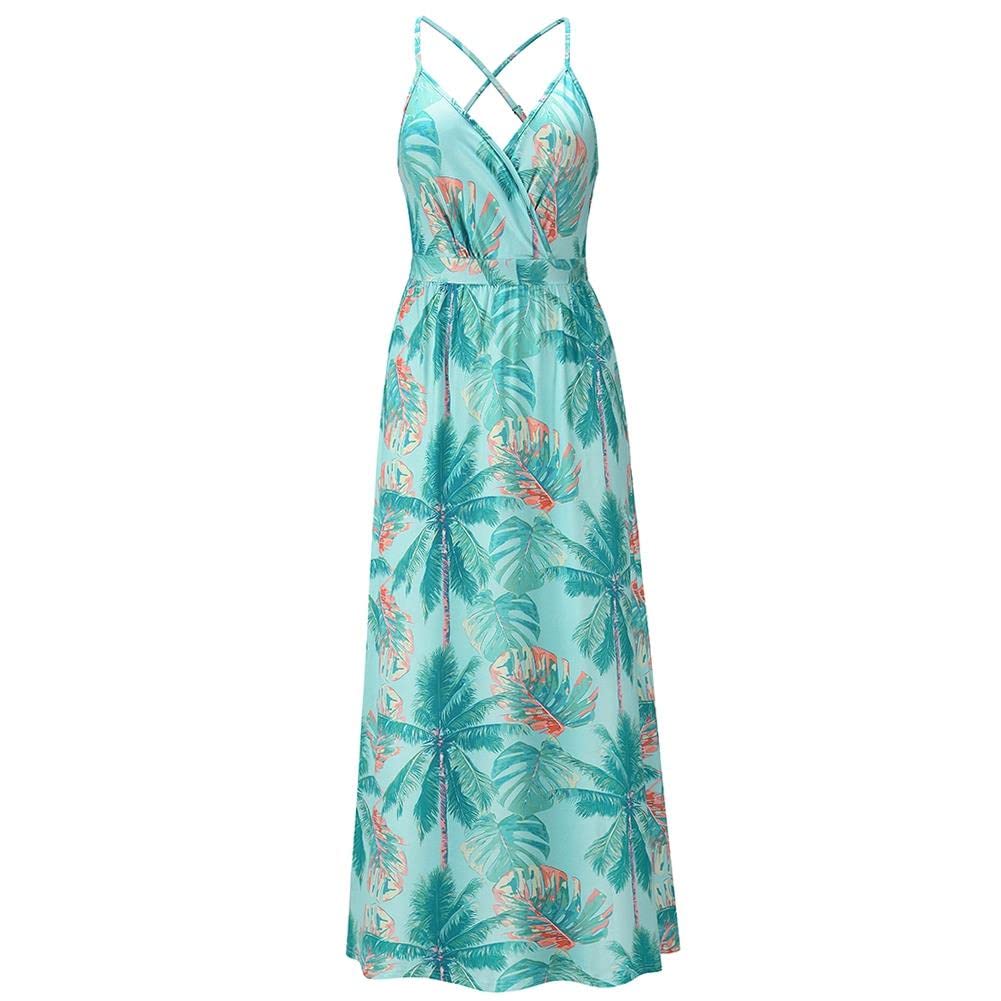 Bohemian Floral Print Women's Maxi Dress - V-Neck Spaghetti Strap Long Sling Dress for Beach, Vacation & Summer Outfits
