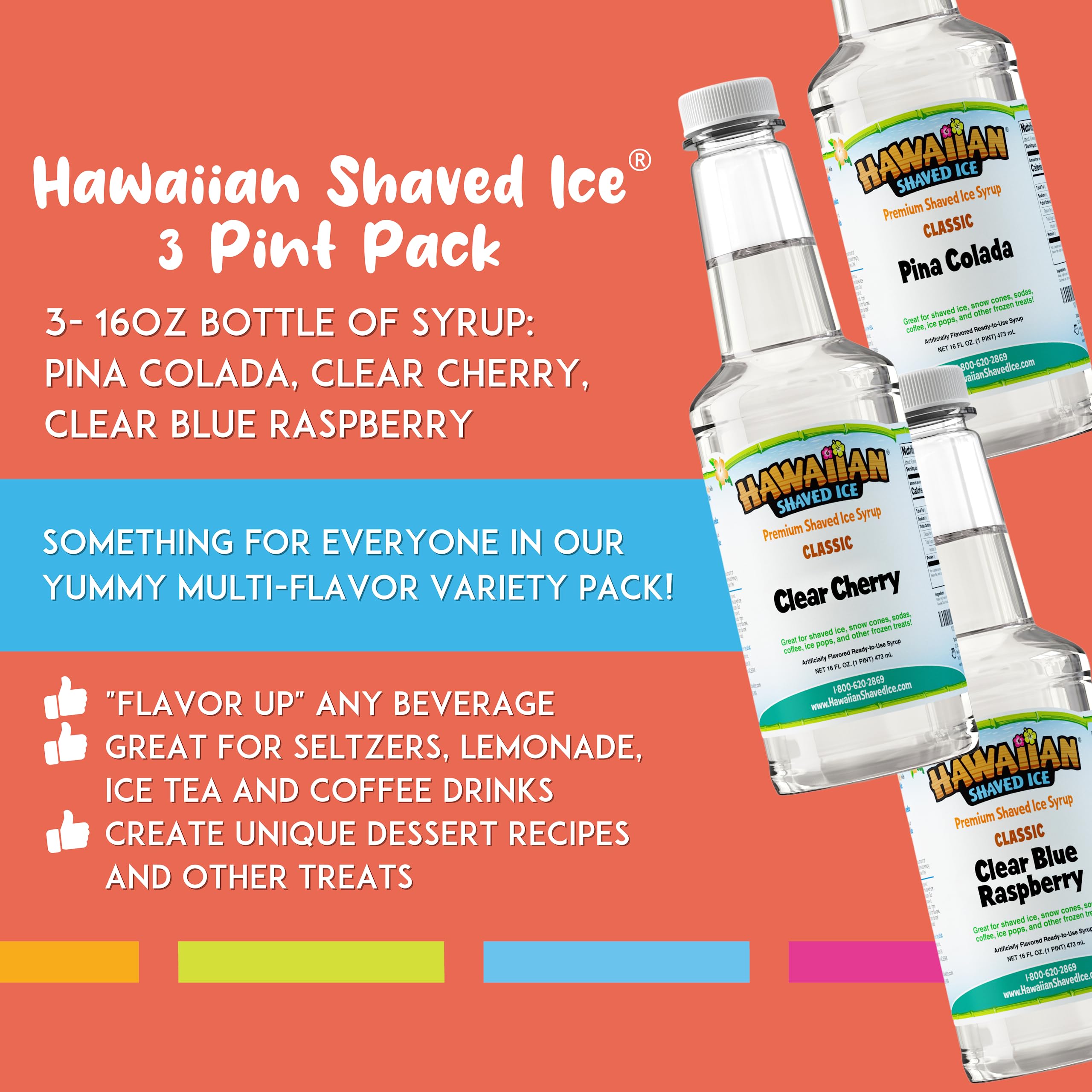 Hawaiian Shaved Ice Syrup Variety Pack - 3 Bottles (16oz Each) | Top Flavors: Cherry, Pina Colada, Blue Raspberry | All-Natural, Dye-Free & Allergy-Friendly | Perfect for Snow Cones, Slushies, Cocktails & DIY Frozen Treats | Great for Parties, Summer Events & Home Desserts