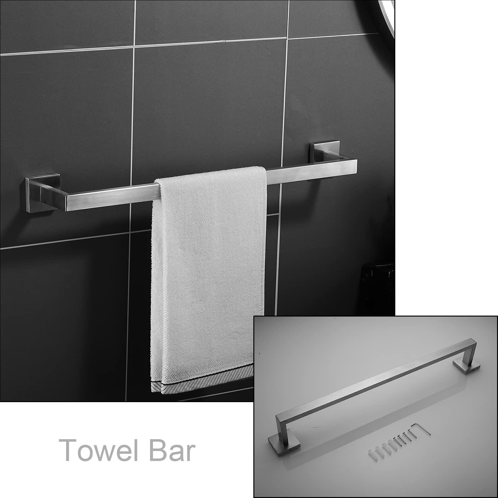 24-Inch Stainless Steel Brushed Nickel Bathroom Hardware Set - Towel Bar, 2 Hooks, Toilet Paper Holder & Hand Towel Holder (GTS3190N) | Modern Bathroom Accessories for Home, Hotel & Spa Decor