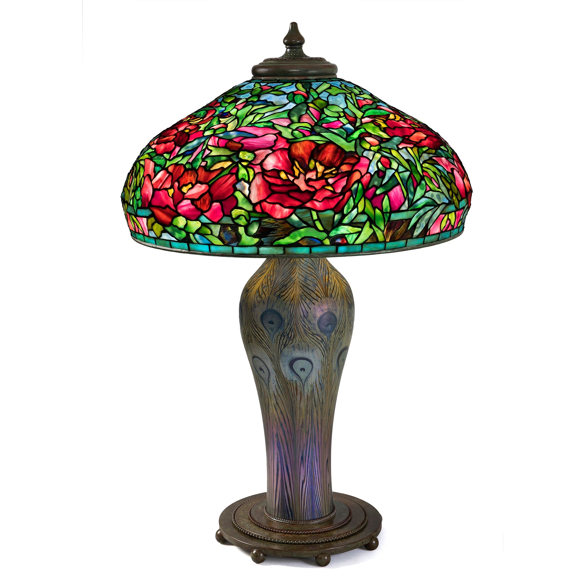Tiffany Studios New York Elaborate Peony Table Lamp - Stained Glass Floral Design, Antique Style Home Decor for Living Room, Bedroom & Office Lighting
