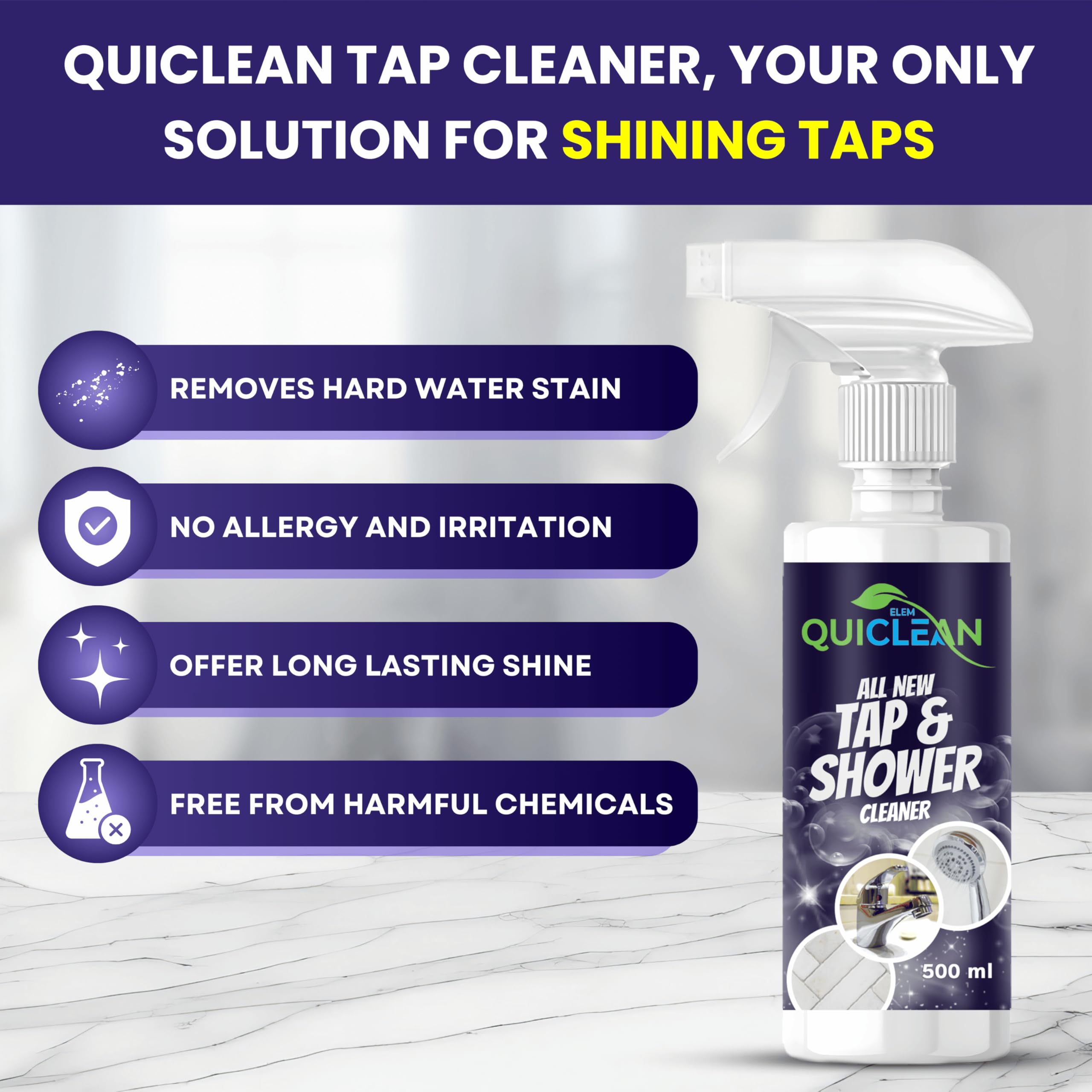 Quiclean 500ML Tap & Shower Cleaner - Powerful Limescale & Hard Water Stain Remover for Kitchen & Bathroom Fixtures, Tiles, Sinks | Fast-Acting Descaler for Sparkling Clean Taps & Showers | Ideal for Daily Cleaning & Tough Stain Removal