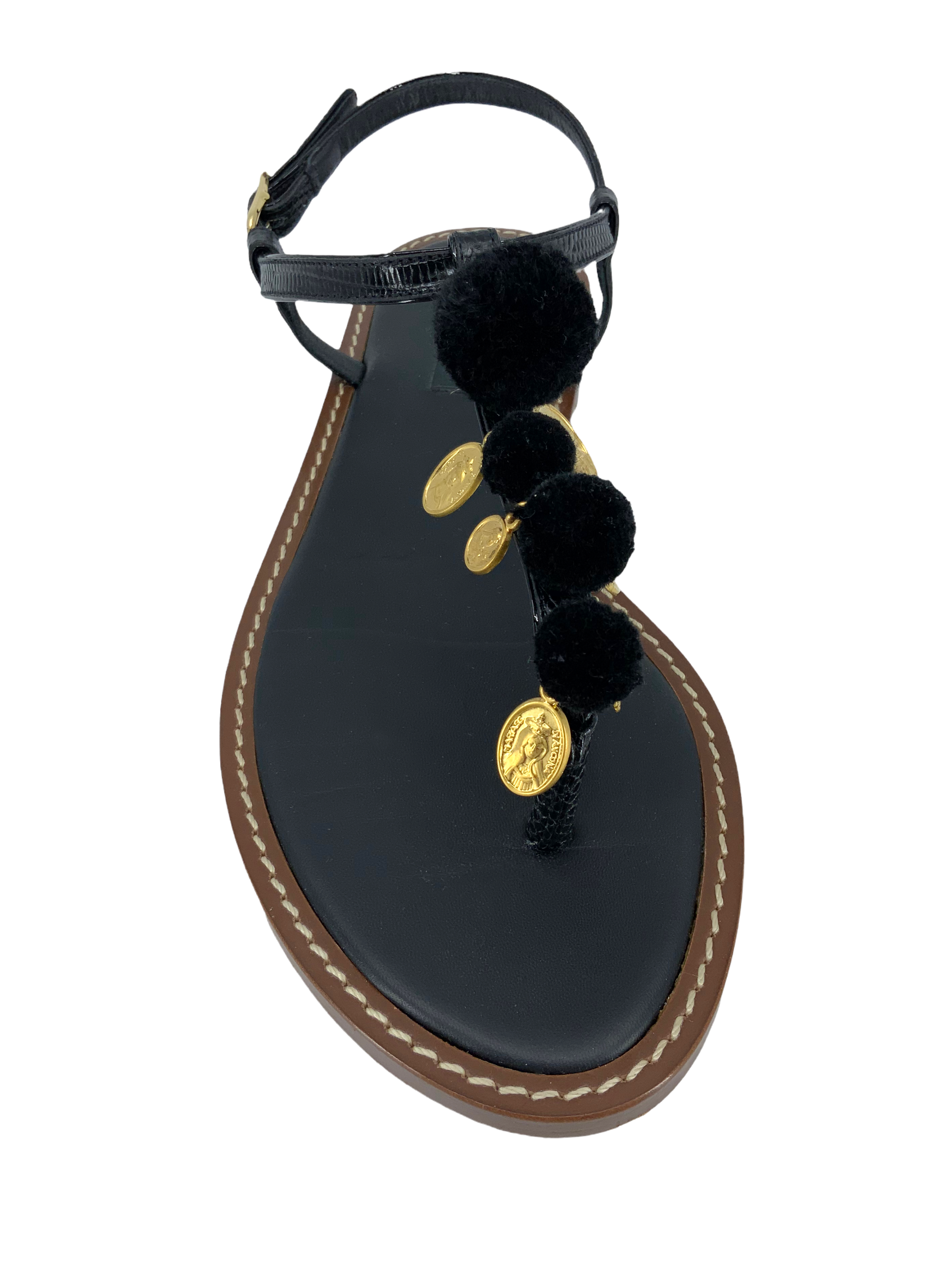 Dolce & Gabbana Gold Coin Pom Pom Thong Sandals Women's Size 8.5 - Perfect for Beach Vacations, Summer Parties & Boho Fashion
