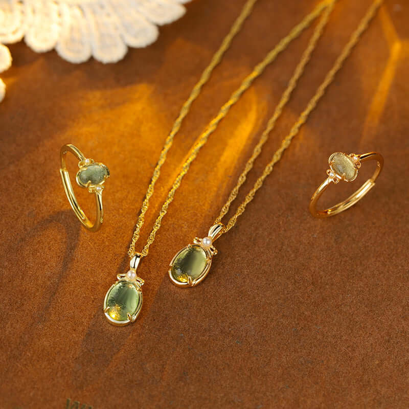 Natural Green Fluorite Gemstone Ring & Necklace Set | Healing Crystal Jewelry for Meditation & Energy Balance | GZ344