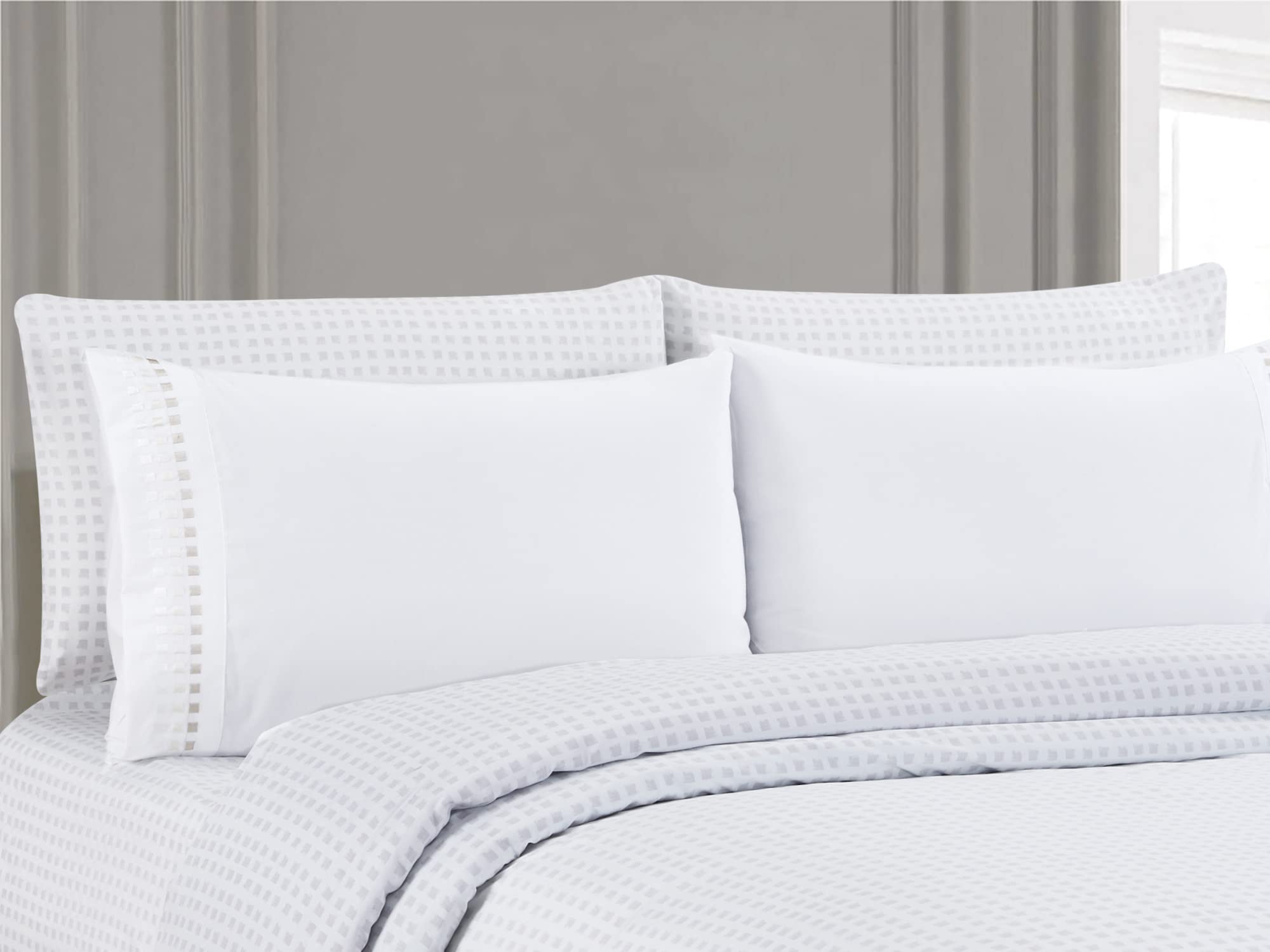 6-Piece Printed Cotton Sheet Set with Embroidered Pillowcases - Clearwater Squares Design, Queen Size Bedding for Comfortable Sleep & Home Decor