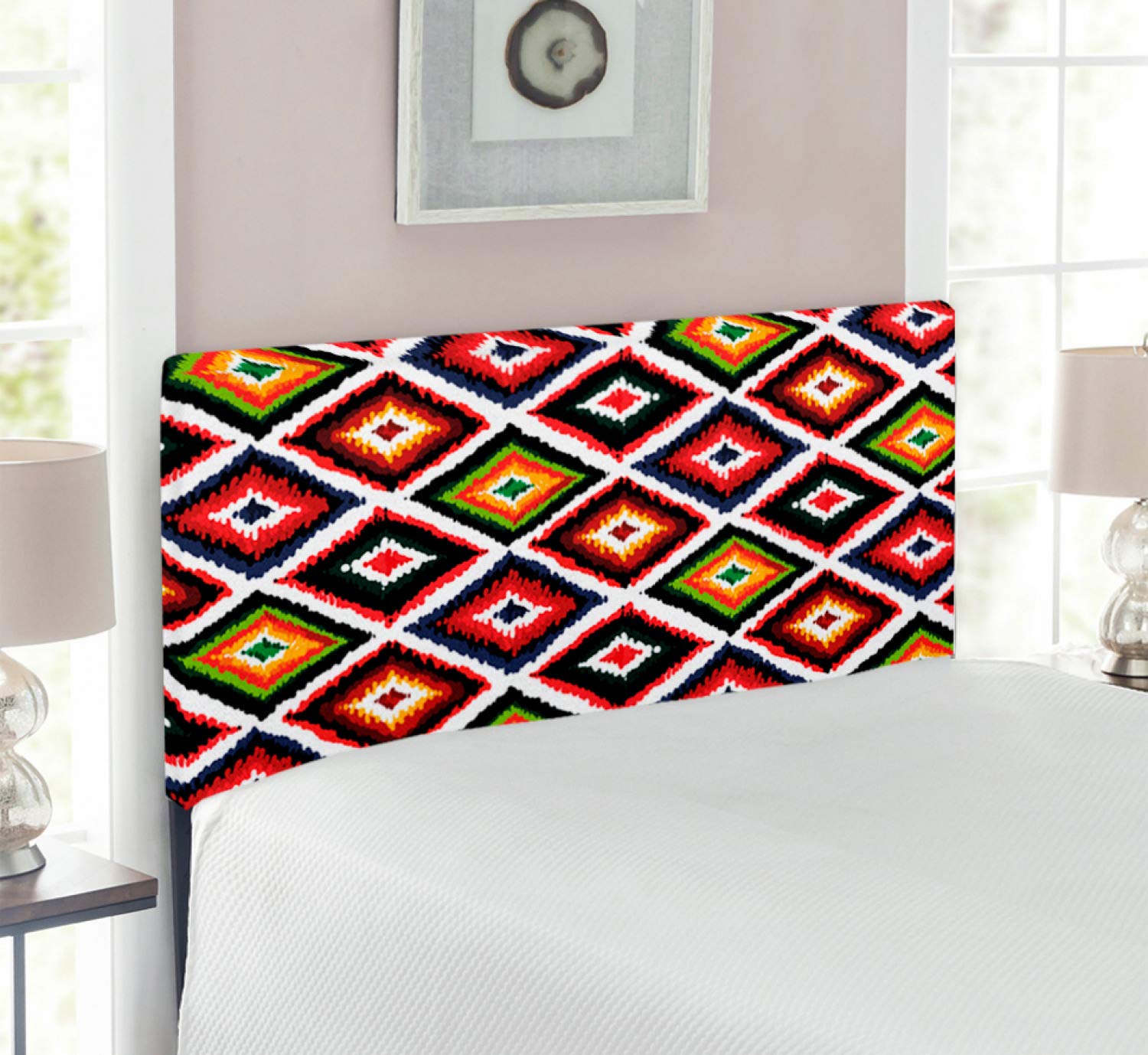 Ambesonne Ikat Upholstered Headboard - Vintage Inspired Geometric Design with Memory Foam, Twin Size Multicolor Bed Headboard for Modern Bedroom Decor | Perfect for Guest Rooms, Dormitories & Home Staging