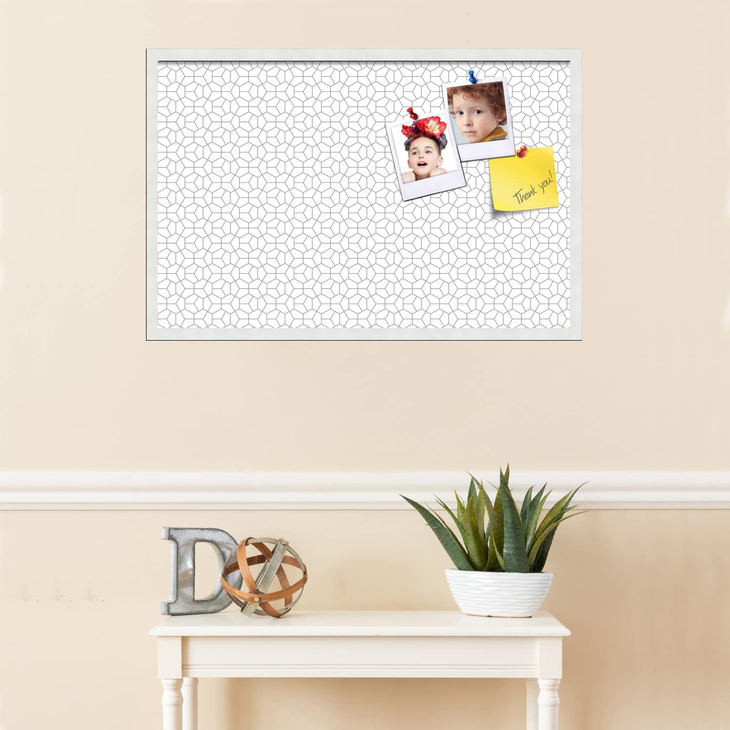PinPix 34x22 Inch Cork Bulletin Board with Hex Grey Design & White Frame - Wall Mounted Memo Board for Home Office Decor, School Classroom, Dorm Room Organization & Message Display