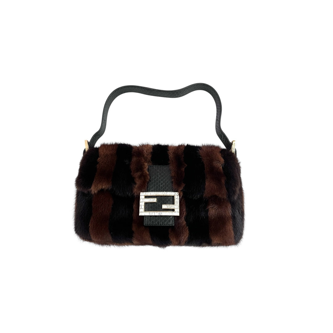 Fendi Mink Stripes Baguette Bag - Luxury Designer Crossbody Purse for Women | Perfect for Evening Parties, Date Nights & Special Occasions