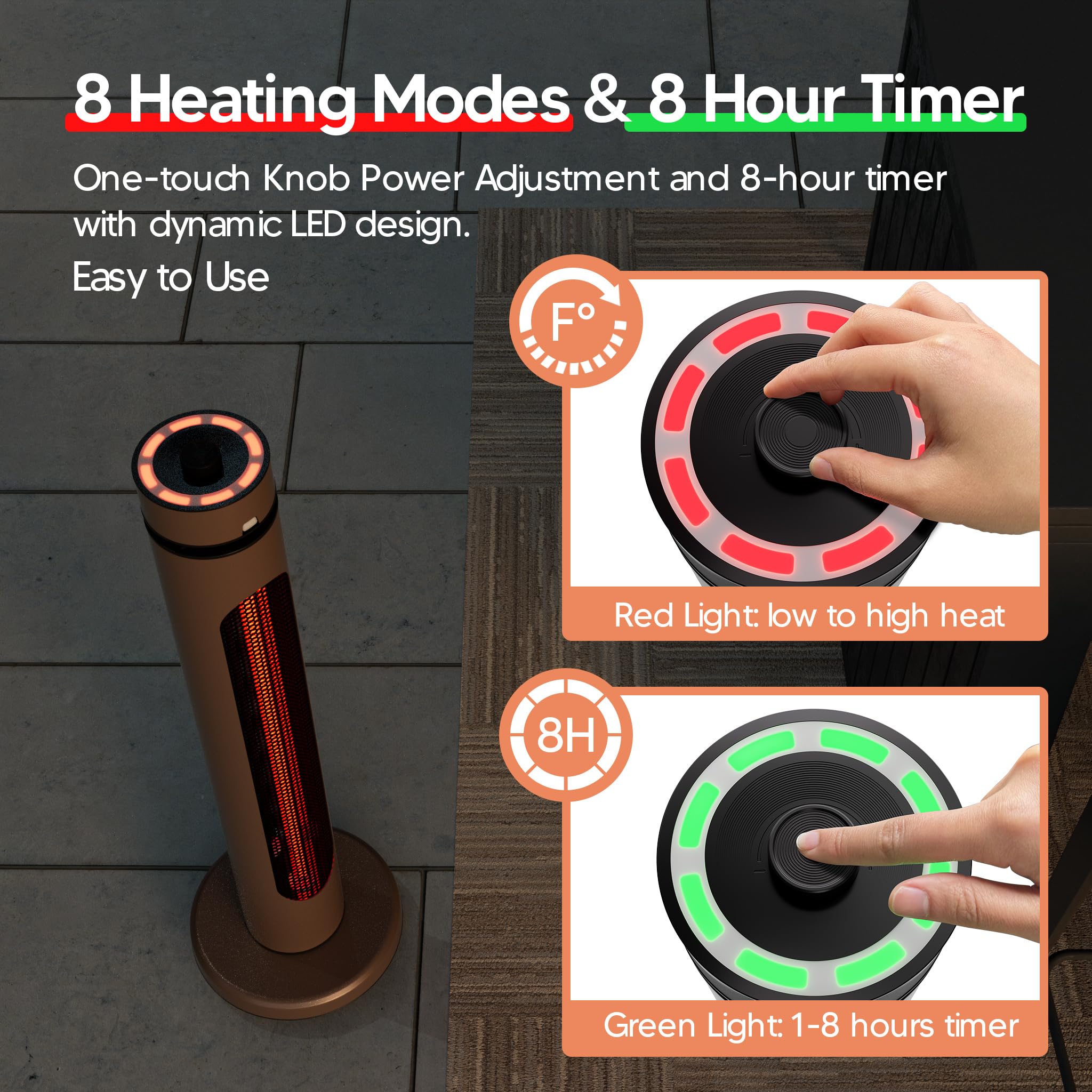 1500W Portable Outdoor Infrared Heater with 8 Heat Levels & 8H Timer - Carbon Fiber Tube Patio Heater with Tip-Over & Overheat Protection - IP65 Waterproof Electric Garden Heater (Brown) - Perfect for Patio, Deck, Garage, and Camping Use