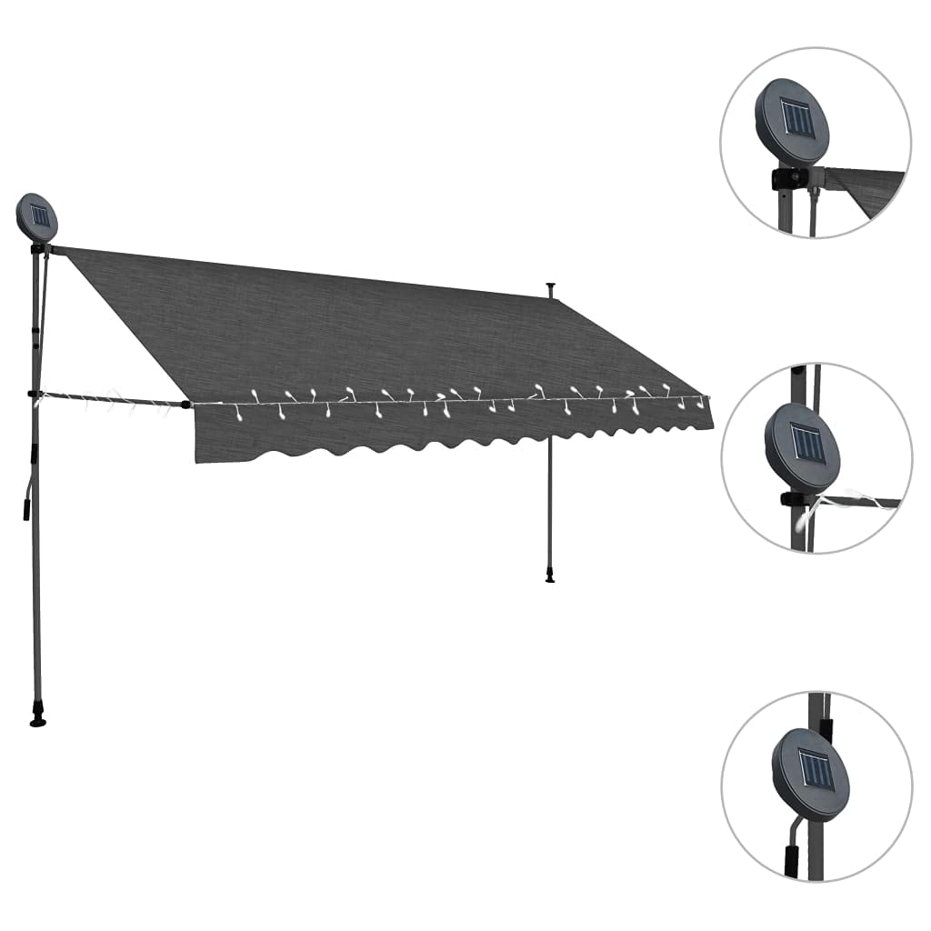 CHARMMA Manual Retractable Awning with LED Lights - 157.5 Inch Anthracite Color Outdoor Patio Cover - 10.1KG Heavy Duty for Garden, Balcony, and Backyard Shade Solution