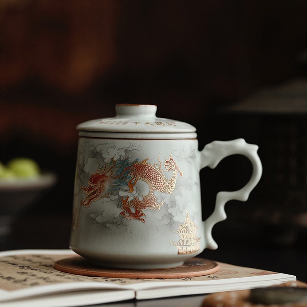 Exquisite Chinese Ruyao Dragon Tea Cup with Infuser - Premium Ceramic Tea Set for Loose Leaf Tea - Perfect for Home, Office, and Gift Giving