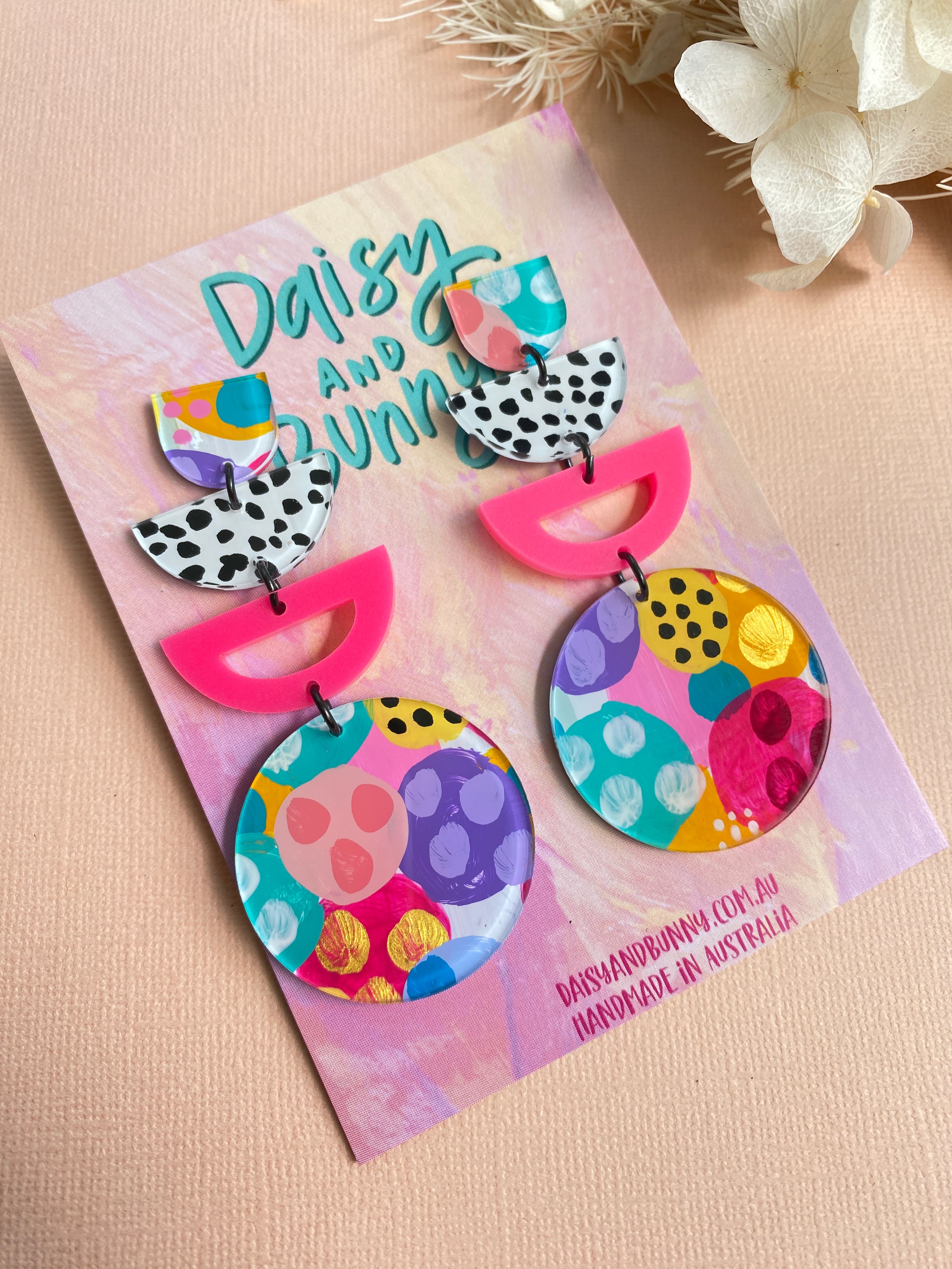 Hand Painted Frankie Dangle Earrings - Unique Dopamine Jewelry by Daisy & Bunny - Perfect for Boho Fashion, Festival Outfits & Gift Giving