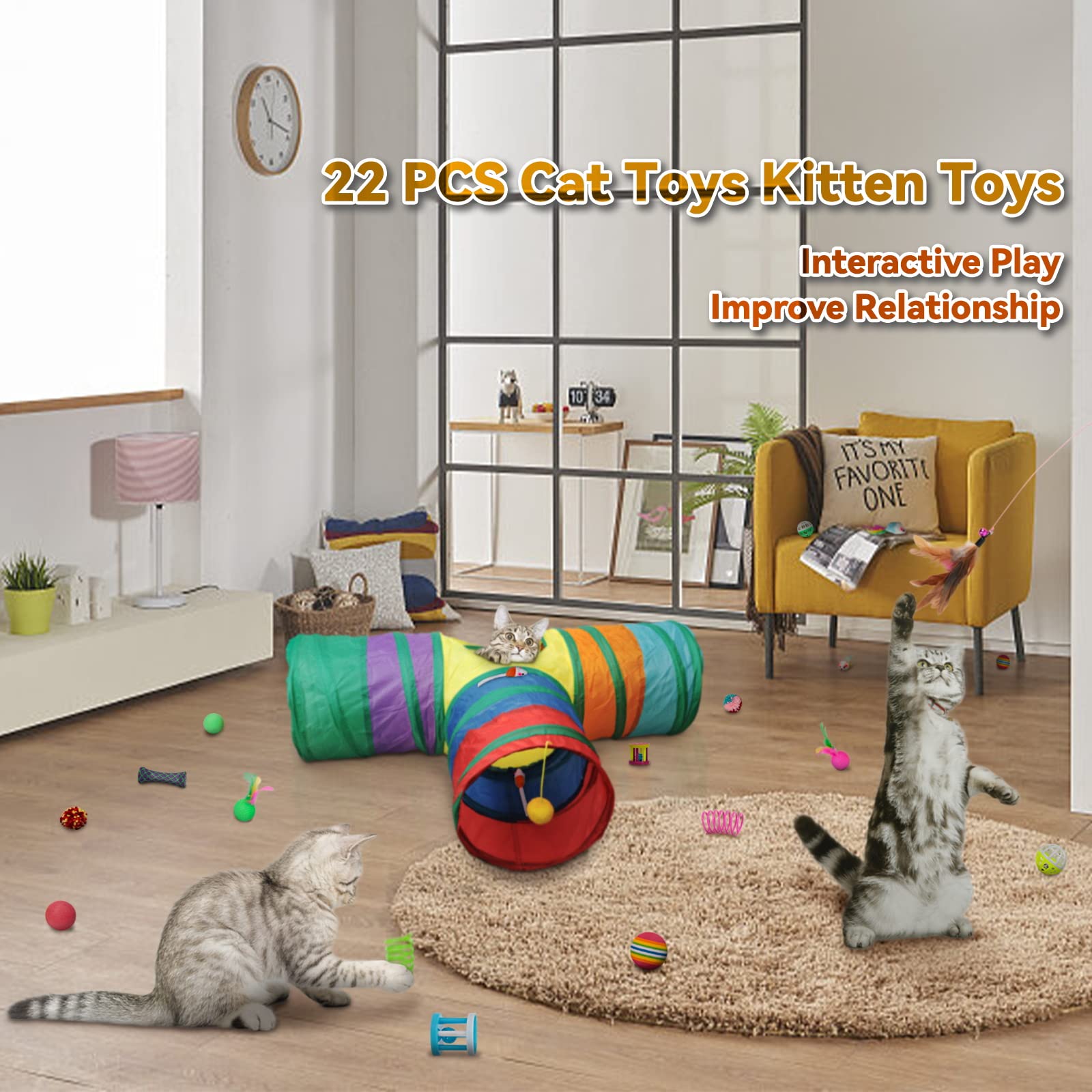 BWOGUE 22PCS Cat Toys Set - Interactive Kitten Toys with Collapsible 3-Way Tunnel, Feather Wands, Fluffy Mice & Crinkle Balls - Fun Indoor Play for Cats, Kittens & Small Pets (Great for Exercise & Bonding)