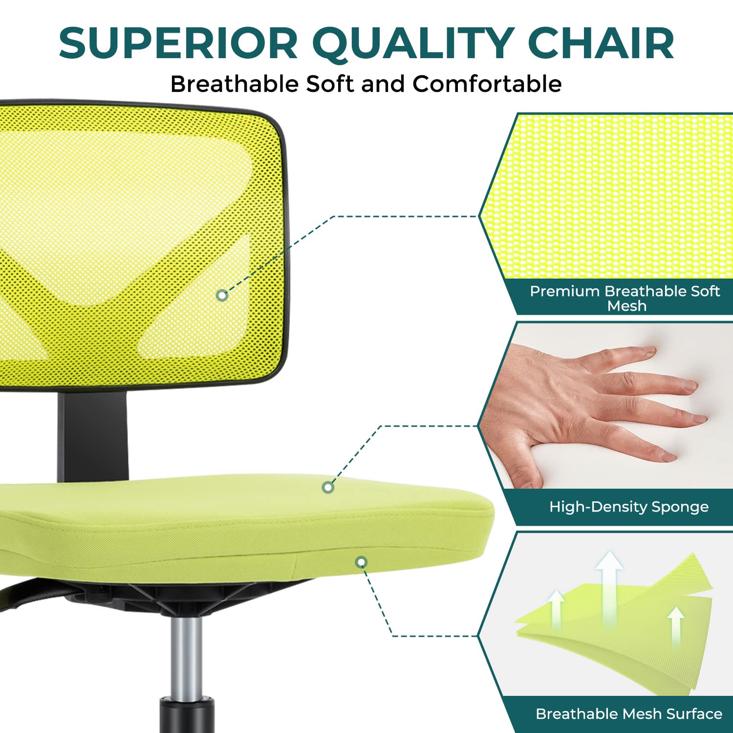 Ergonomic Armless Desk Chair with Wheels - Adjustable Swivel Rolling Task Chair for Home Office, Mesh Mid Back Computer Work Vanity Seat - Compact Design for Small Spaces (Green) - Perfect for Home Office, Gaming & Study Rooms