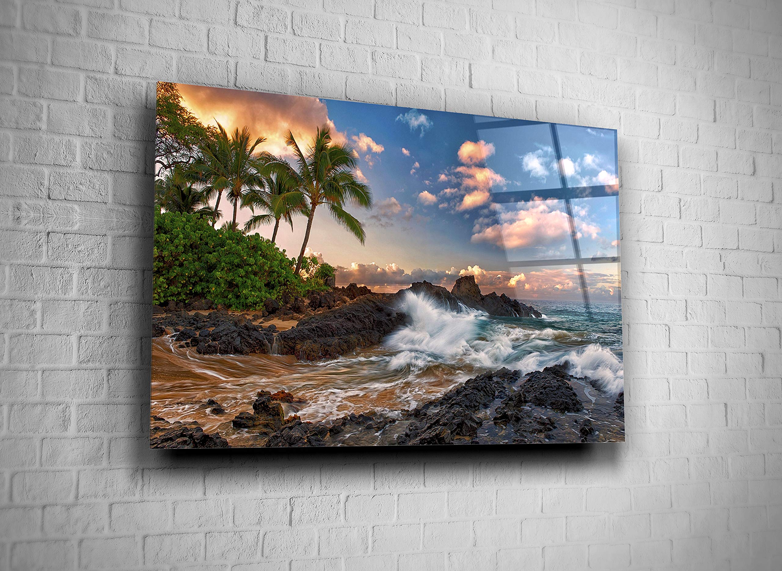 Exotic Island Ocean Waves & Palm Trees Vacation Landscape Tempered Glass Canvas Wall Art - 11x16.5