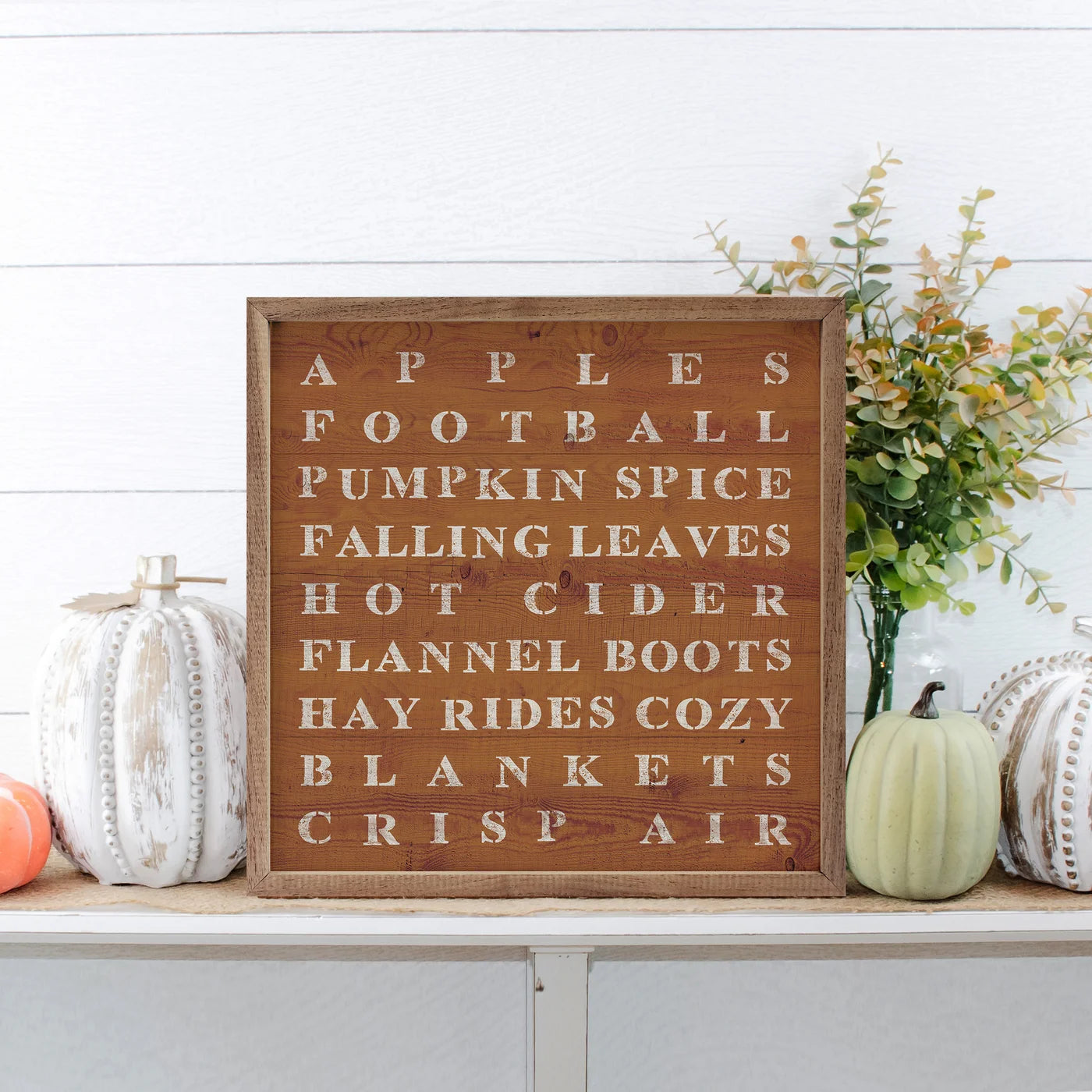Fall Words Orange Wood Framed Print - Autumn Decor for Home, Office & Gifts | Seasonal Wall Art for Thanksgiving & Halloween