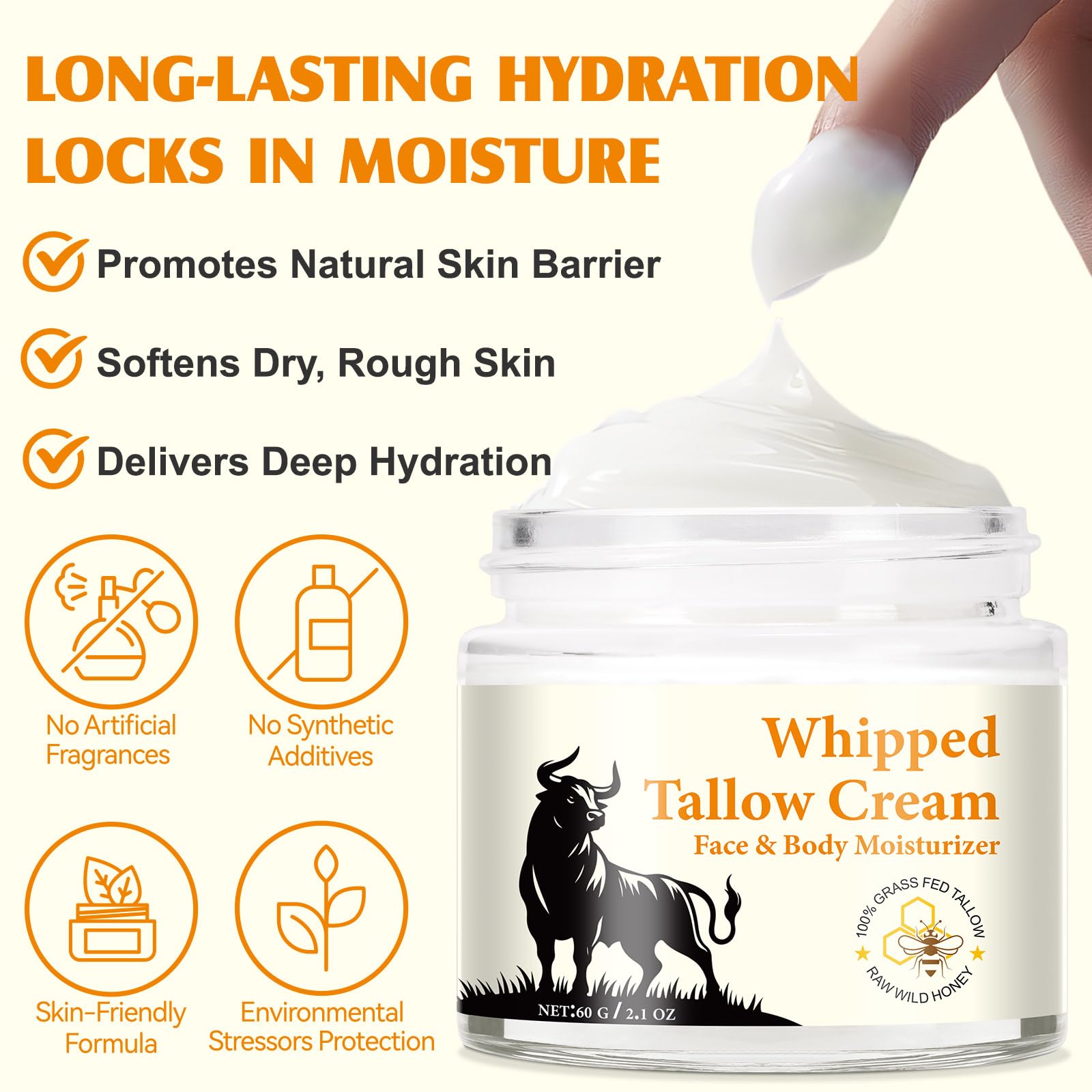 Organic Beef Tallow & Honey Balm - 2oz Face Moisturizer for Dry Skin Care