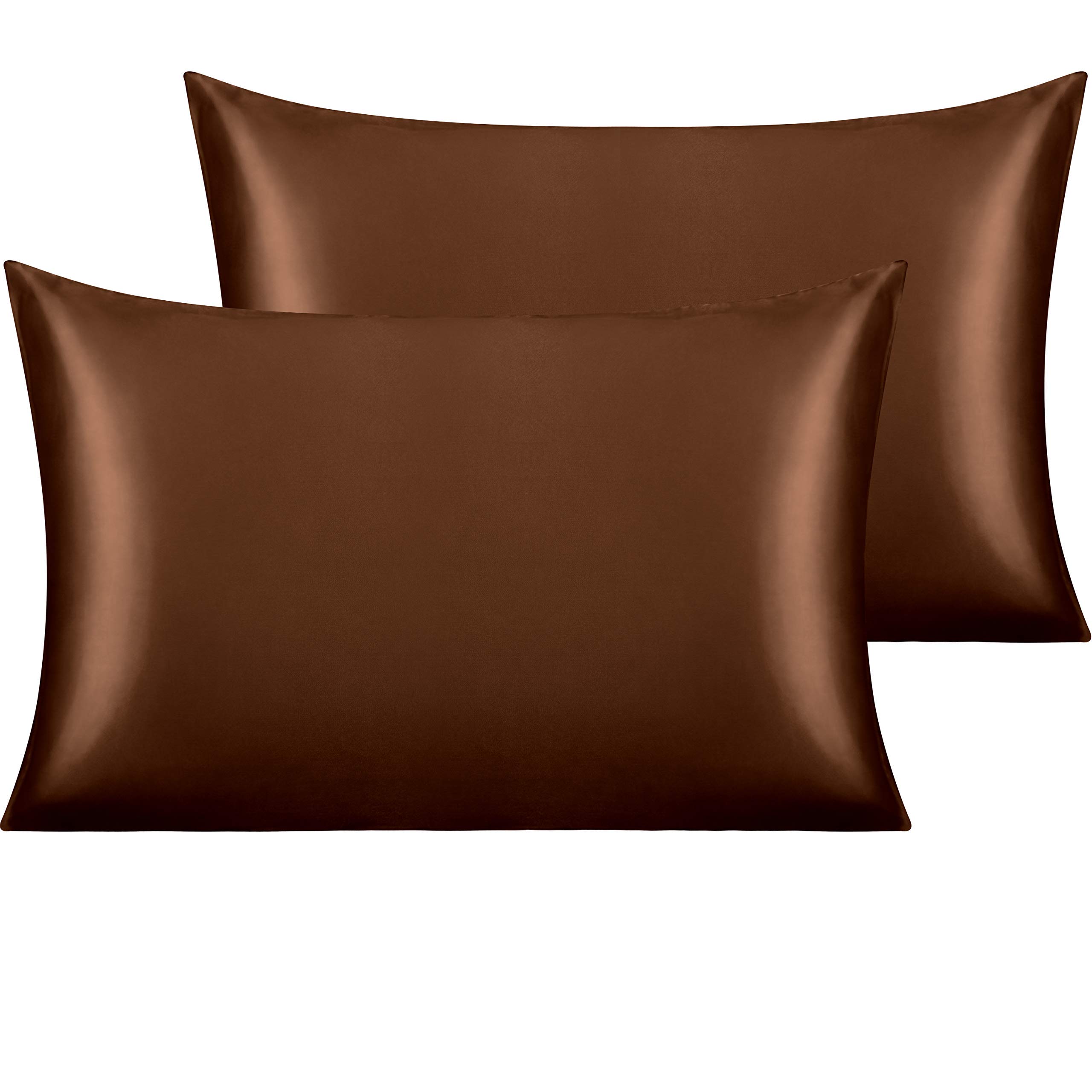 Luxury Satin Pillowcase for Hair and Skin - 2 Pack Standard Size (20x30 Inches) Cooling Super Soft Pillow Cover with Envelope Closure - Chocolate Brown - Perfect for Beauty Sleep & Reducing Hair Frizz