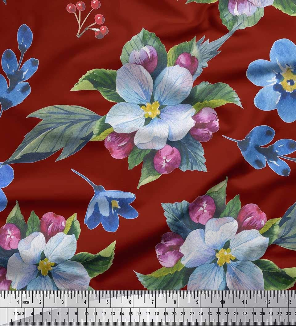 Soimoi 100% Cotton Cambric Fabric - Red Printed with Leaves & Lavender Blue Flowers - 56