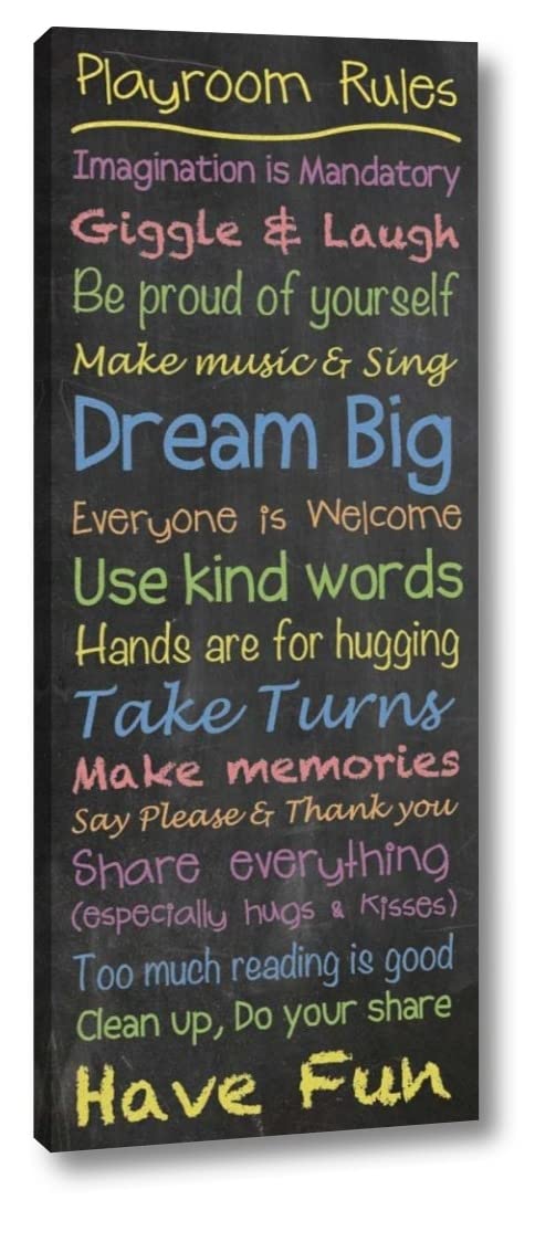 Playroom Rules Chalkboard Wall Art by Lauren Gibbons - 12x30 Inch Canvas Print Gallery Wrapped - Ready to Hang - Perfect for Kids' Room, Nursery, or Classroom Decor