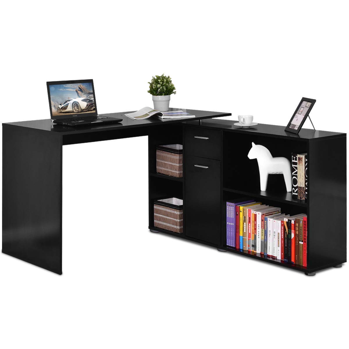 Tangkula Rotating L-Shaped Desk - Large Wooden Computer Desk for Home Office with Storage Shelves | Perfect for Small Spaces, Gaming & Study Setup