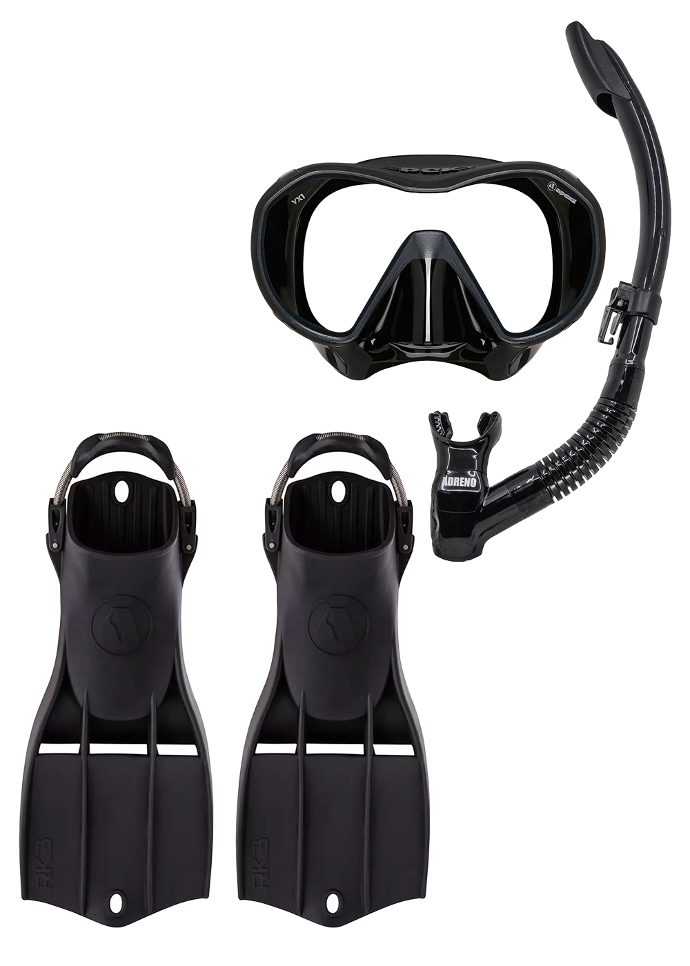 Apeks Snorkeling Set - Premium Black Snorkel Mask & Fins Combo for Scuba Diving, Swimming, and Beach Adventures