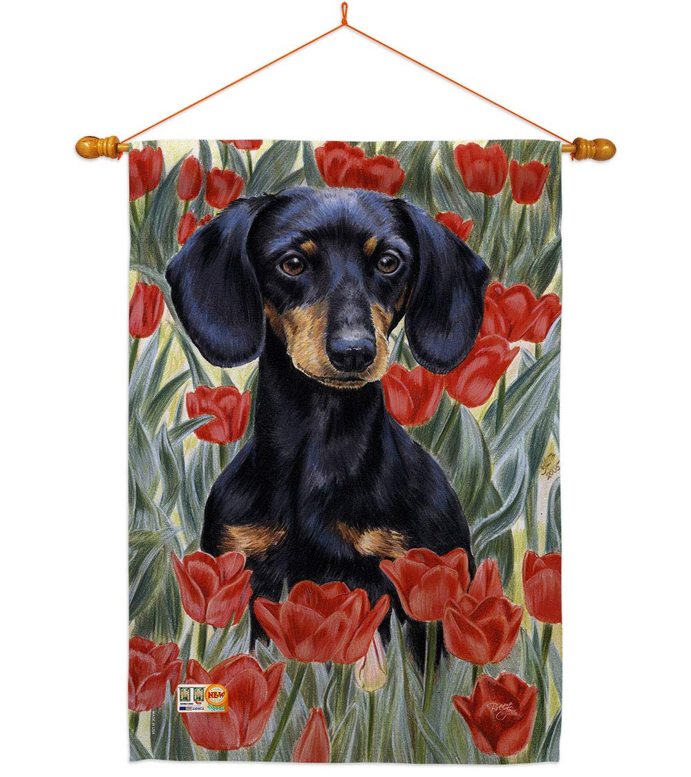 Breeze Decor HS110080-BO-03 Dachshund in Tulips Vertical House Flag Set - 28x40 Inch Outdoor Garden Decoration with Flag Pole - Colorful Pet-Themed Yard Banner for Porch, Patio & Spring Decor
