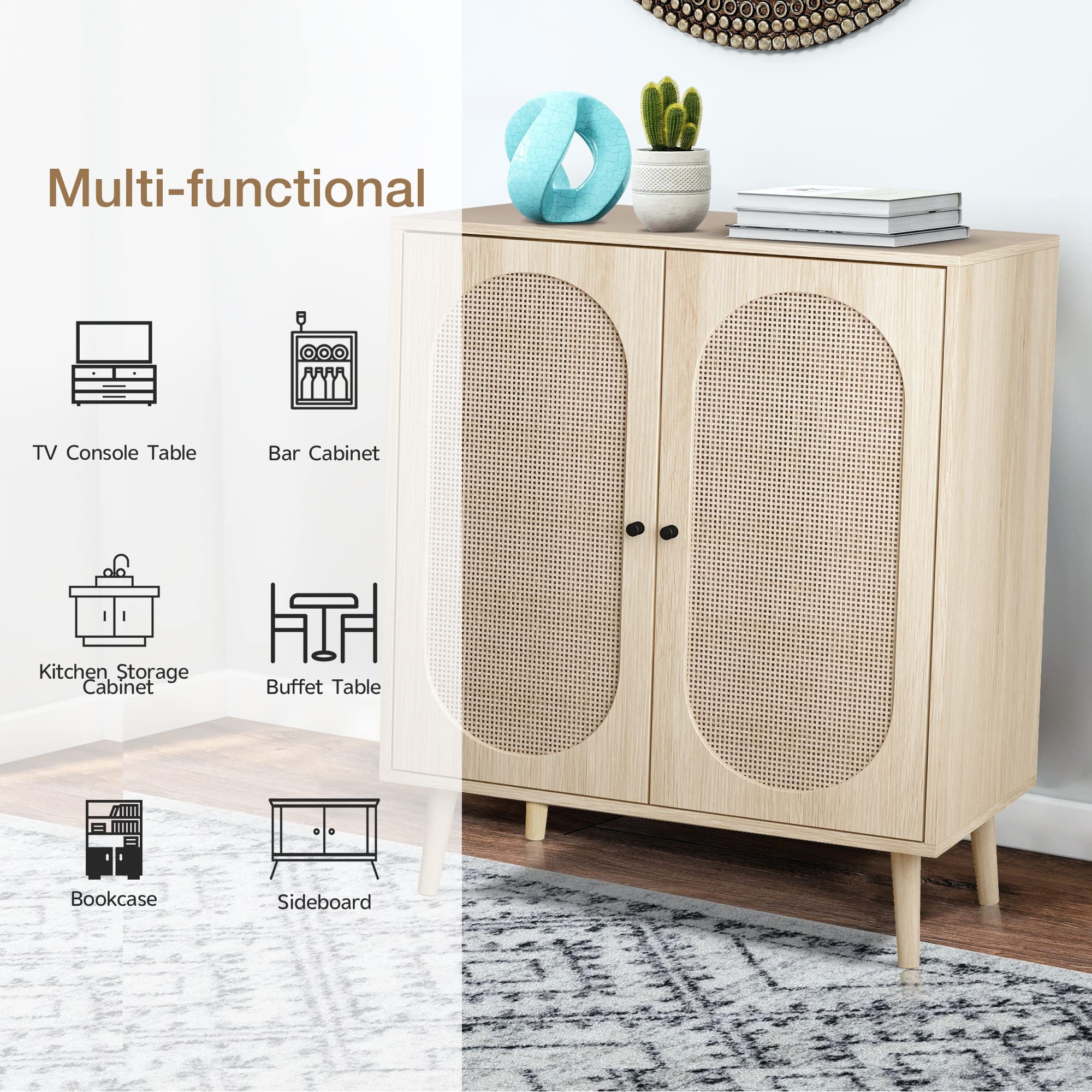 QHITTY Natural Rattan Sideboard Buffet Cabinet with Adjustable Shelves - Stylish Kitchen Storage & Accent Console Table for Living Room, Dining Room, Bedroom, and Entryway