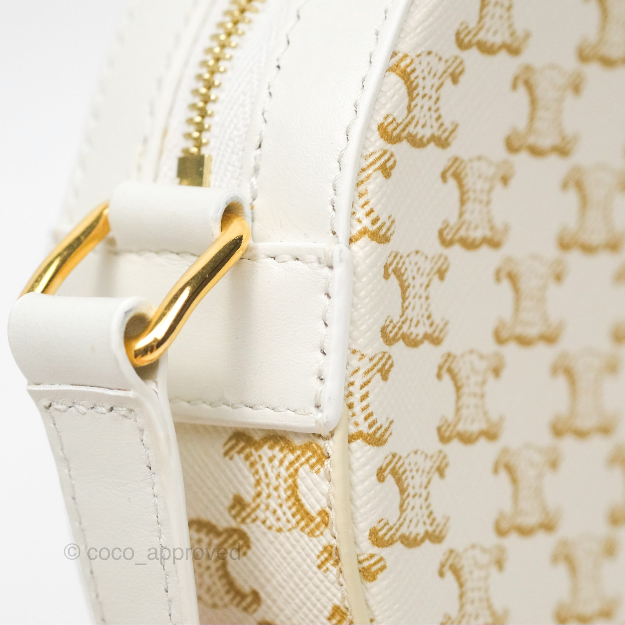 Celine Round Crossbody Bag with Strap - Triomphe Canvas & White Calfskin Leather - Perfect for Everyday Use, Work & Evening Out