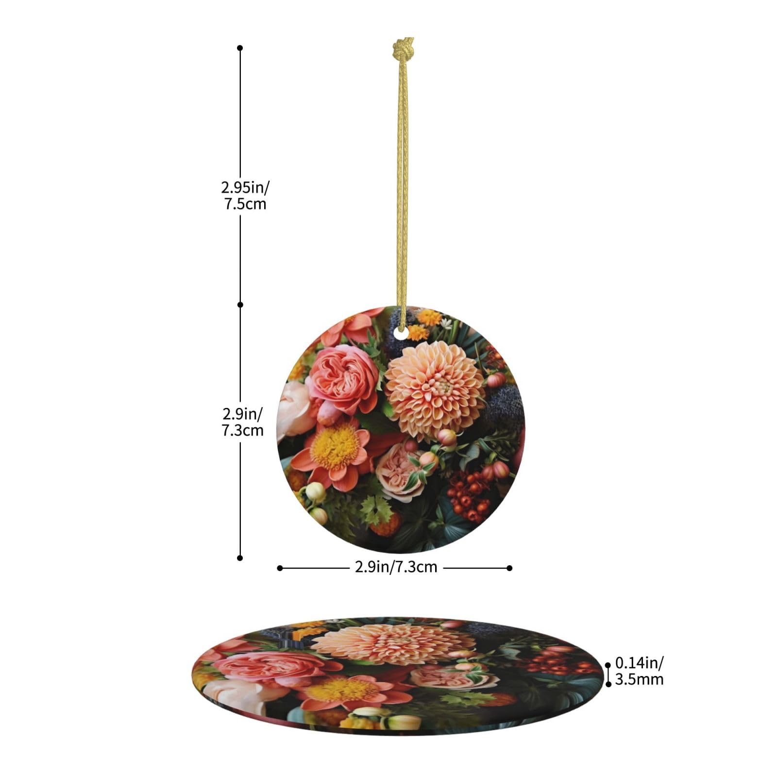 Christmas Tree Ceramic Hanging Ornaments - Round Botanical Floral Decor with Gold Ribbon for Holiday Decorations | Perfect for Xmas Tree, Home, Office & Gift Giving