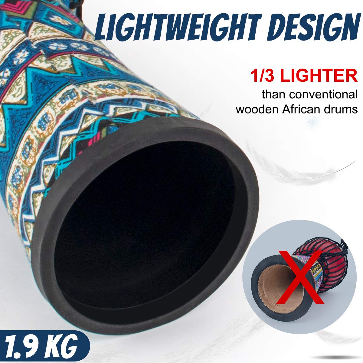 AKLOT 11'' x 20'' African Djembe Drum with Blue Floral Design - Lightweight ABS Resin Body & Goatskin Drumhead - Perfect for Beginners, Yoga Classes, Drum Circles & Cultural Performances