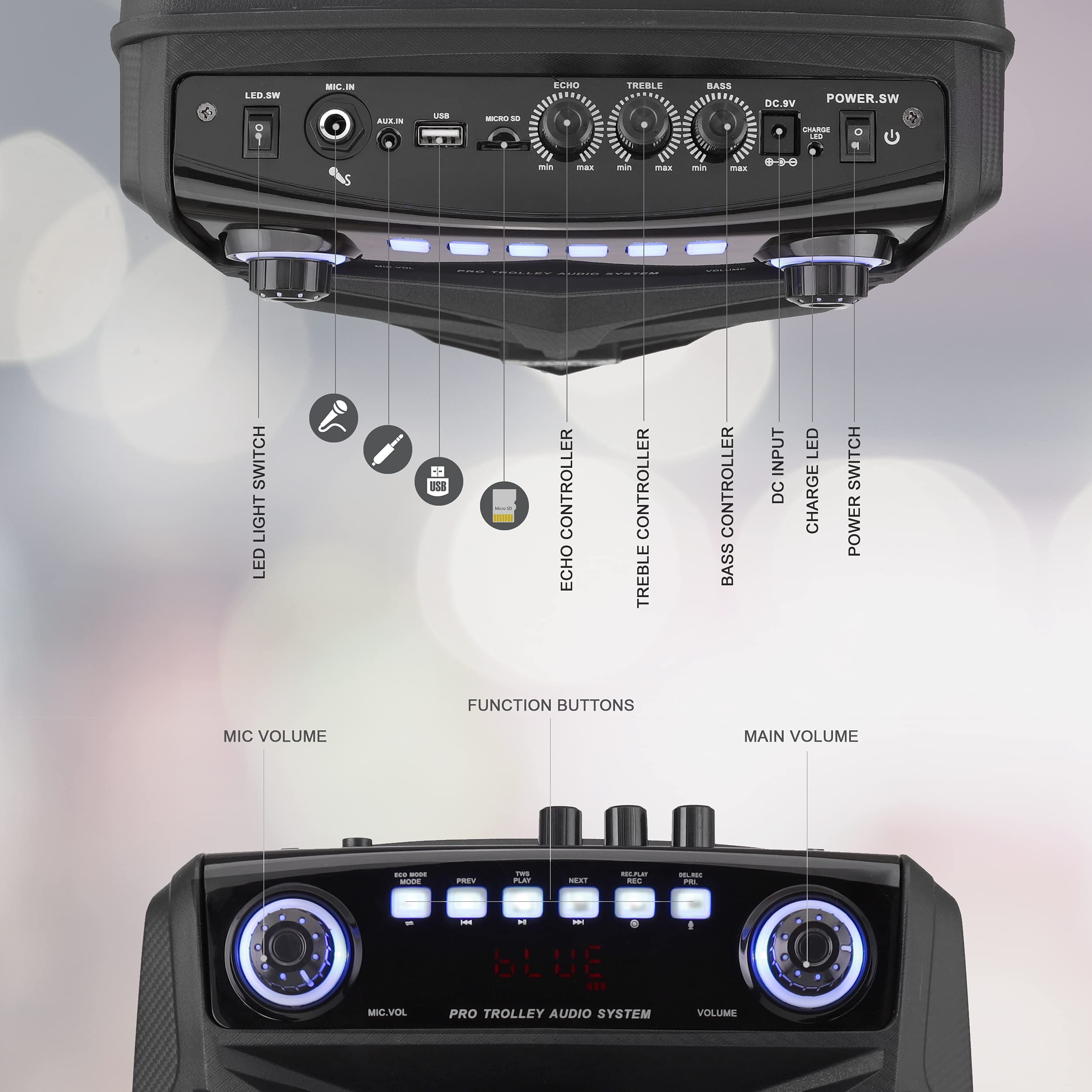 Pyle 600W Portable Bluetooth PA Speaker System with 2 Wireless Mics, Party Lights & Wheels - 10
