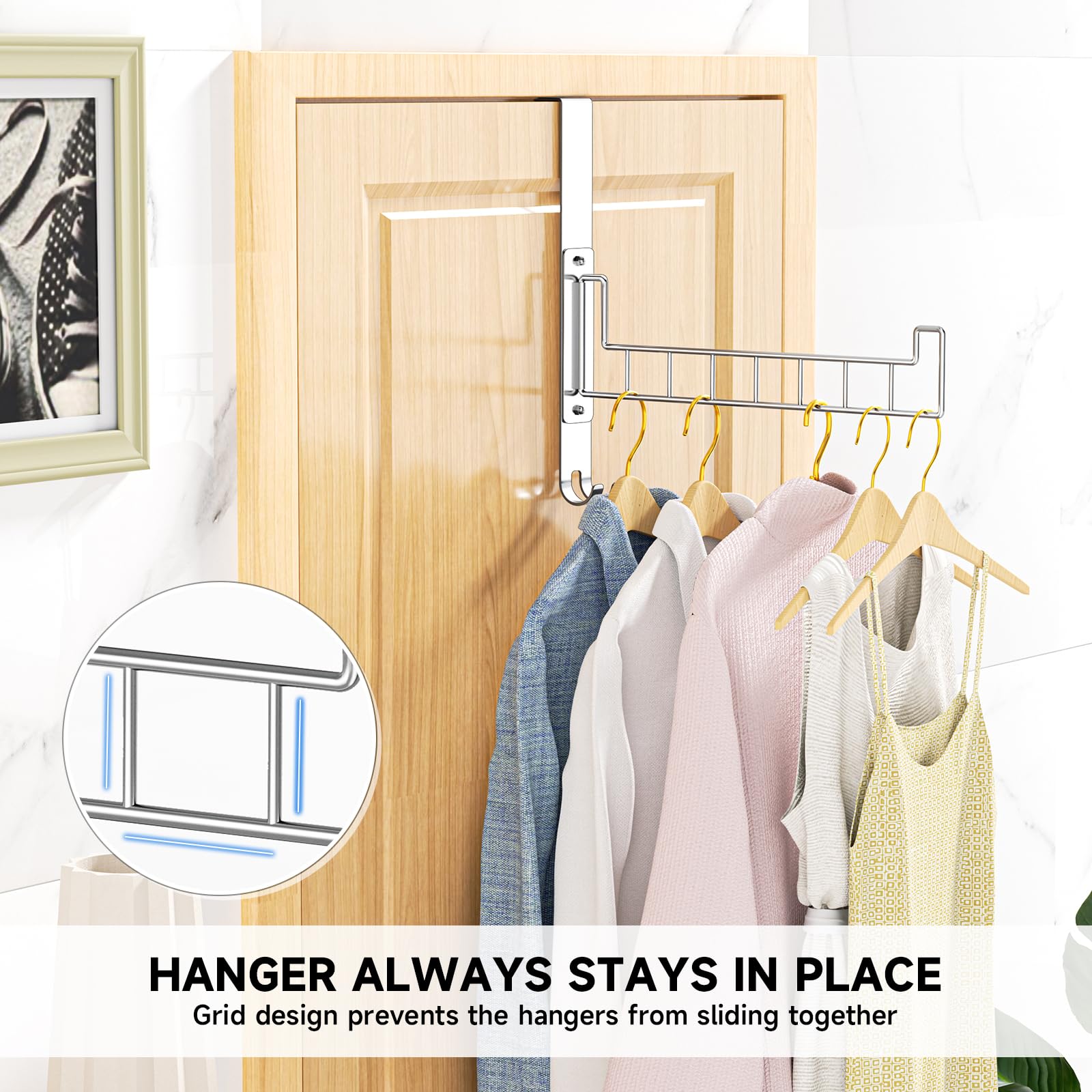 Stainless Steel Over the Door Hooks Hanger - 180° Rotatable Wall Mounted Drying Rack for Clothes, Coats & Towels | Space Saving Laundry Organizer for Bedroom, Bathroom & Closet (Perfect for Small Spaces & Apartment Living)