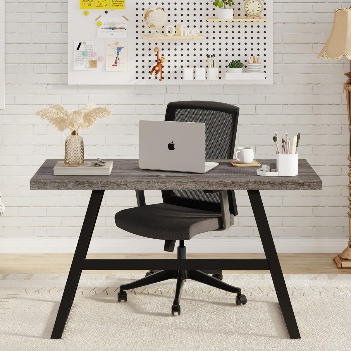 BON AUGURE 55 Inch Computer Desk - Wood & Metal Home Office Workstation (Dark Grey Oak) for Study & Workspace