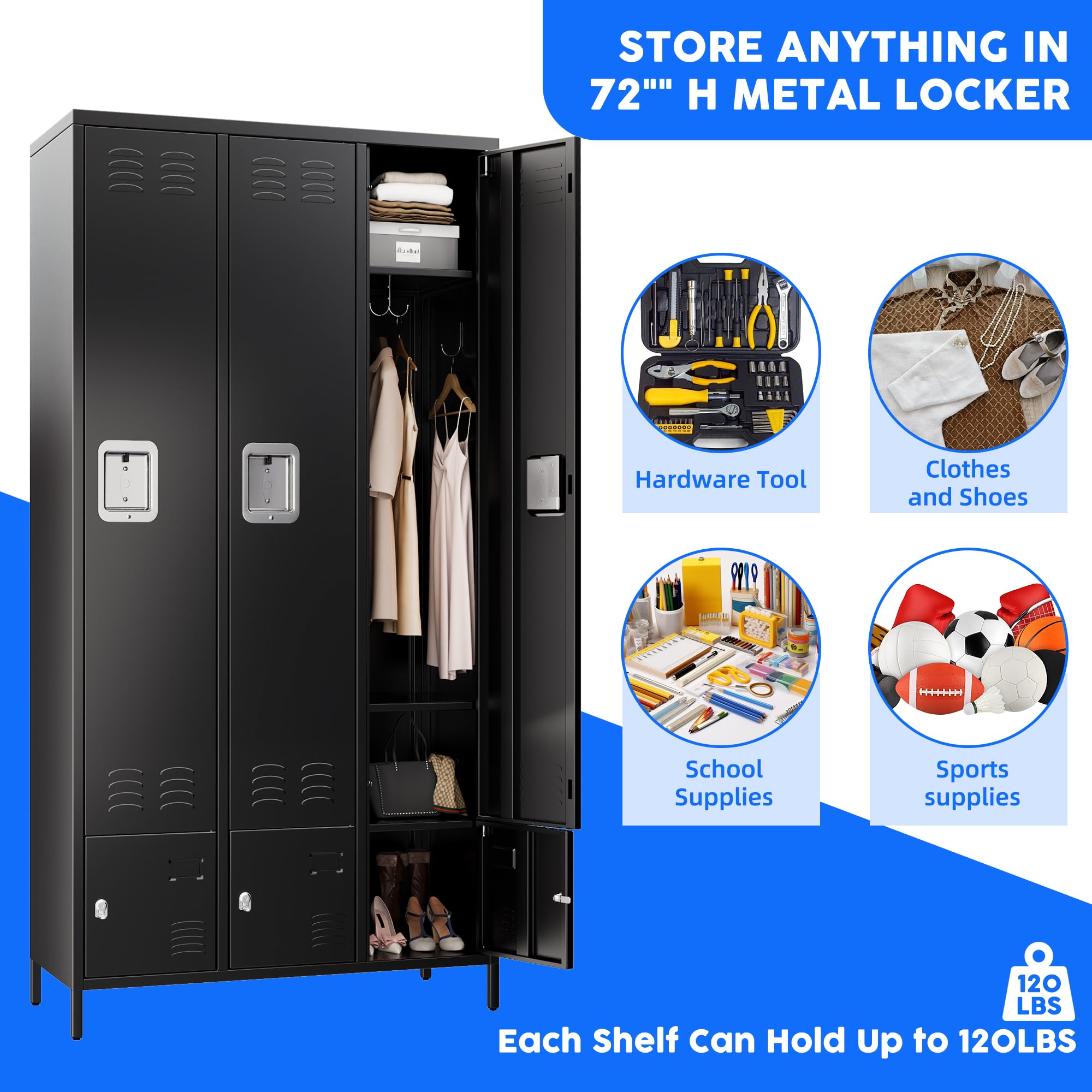 Aobabo 6-Door Metal Storage Locker Cabinet with Combination Lock - 72 Inch Tall Black Office Locker for Employee Storage, Home Office, Gym & School Use - Easy Assembly Required - Perfect for Workplace Organization, Sports Equipment Storage & School Changing Rooms