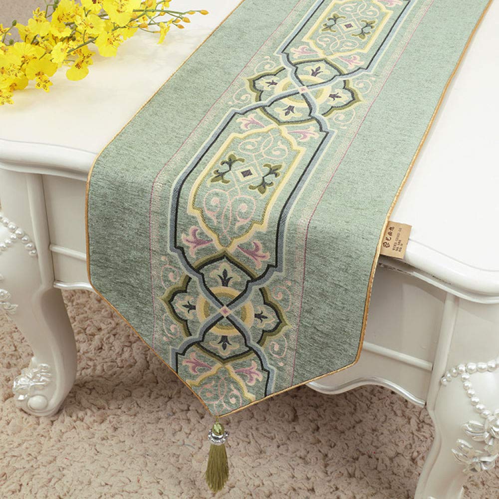 Elegant Green Chinese Jacquard Chenille Table Runner with Tassels - 33x230cm Wedding, Coffee & Dining Table Decor for Nordic Home Style | Perfect for Holiday Dinners, Tea Parties & Special Occasions