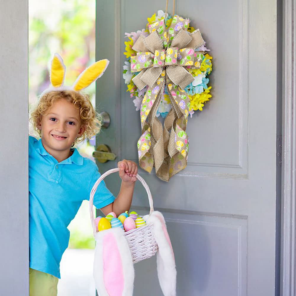 Easter Wreath Bows for Front Door - Large Flaxen Burlap Bows with Easter Eggs for Spring Holiday Decor - Perfect for Wreaths, Walls, Windows, and Tree Toppers - Home & Easter Party Decorations