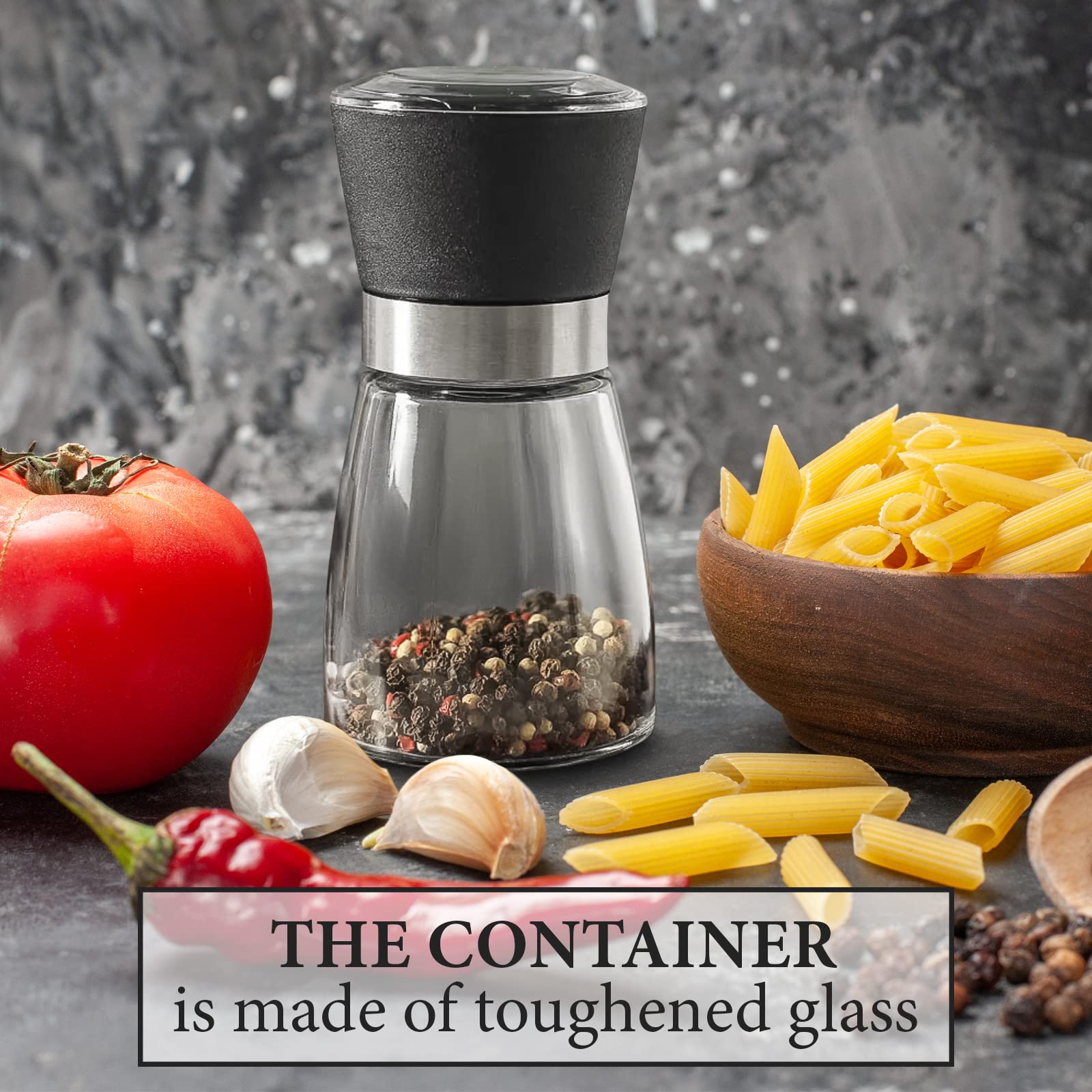 Premium Manual Salt and Pepper Grinder Set - Adjustable Ceramic Core Refillable Glass Spice Mill with Airtight Stainless Steel Lid | 5.1-Inch Compact Design for Freshly Ground Seasonings | Perfect for Kitchen, Dining Table, Camping & Gifts