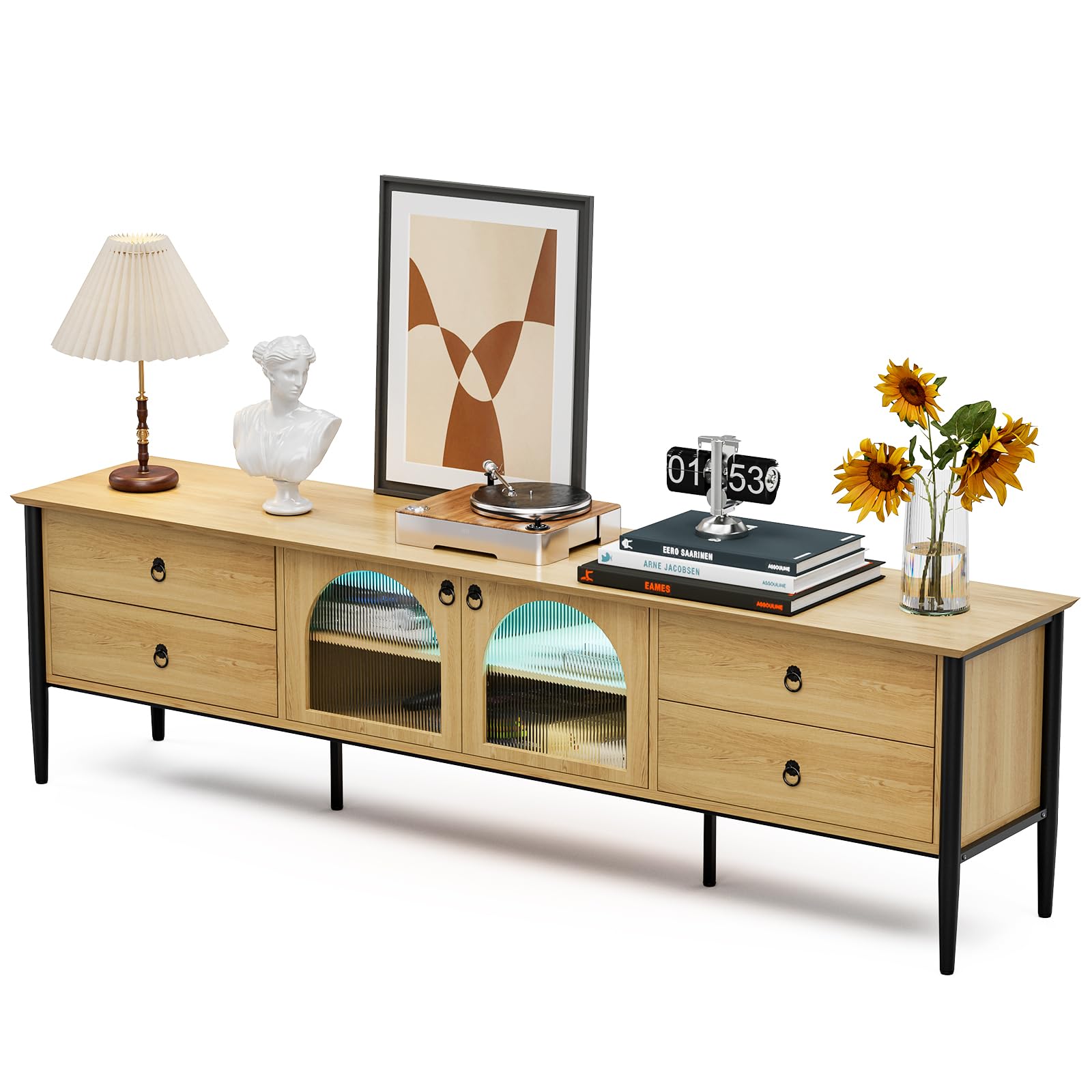 85 Inch Glass LED TV Stand - Modern Entertainment Center with 2 Glass Doors & 4 Drawers - Wooden Console Table for Living Room & Bedroom - Perfect for Home Theater Setup & Media Storage