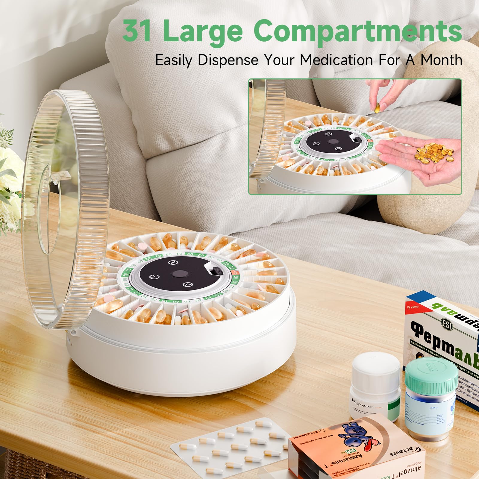 Zoksi Premium 31-Slot Automatic Pill Dispenser with Fingerprint & Key Lock - Smart Medication Organizer with Alarm & LED Light - Electronic Pill Box for Elderly & Memory Care - Perfect for Daily Medication Management & Travel (Green)